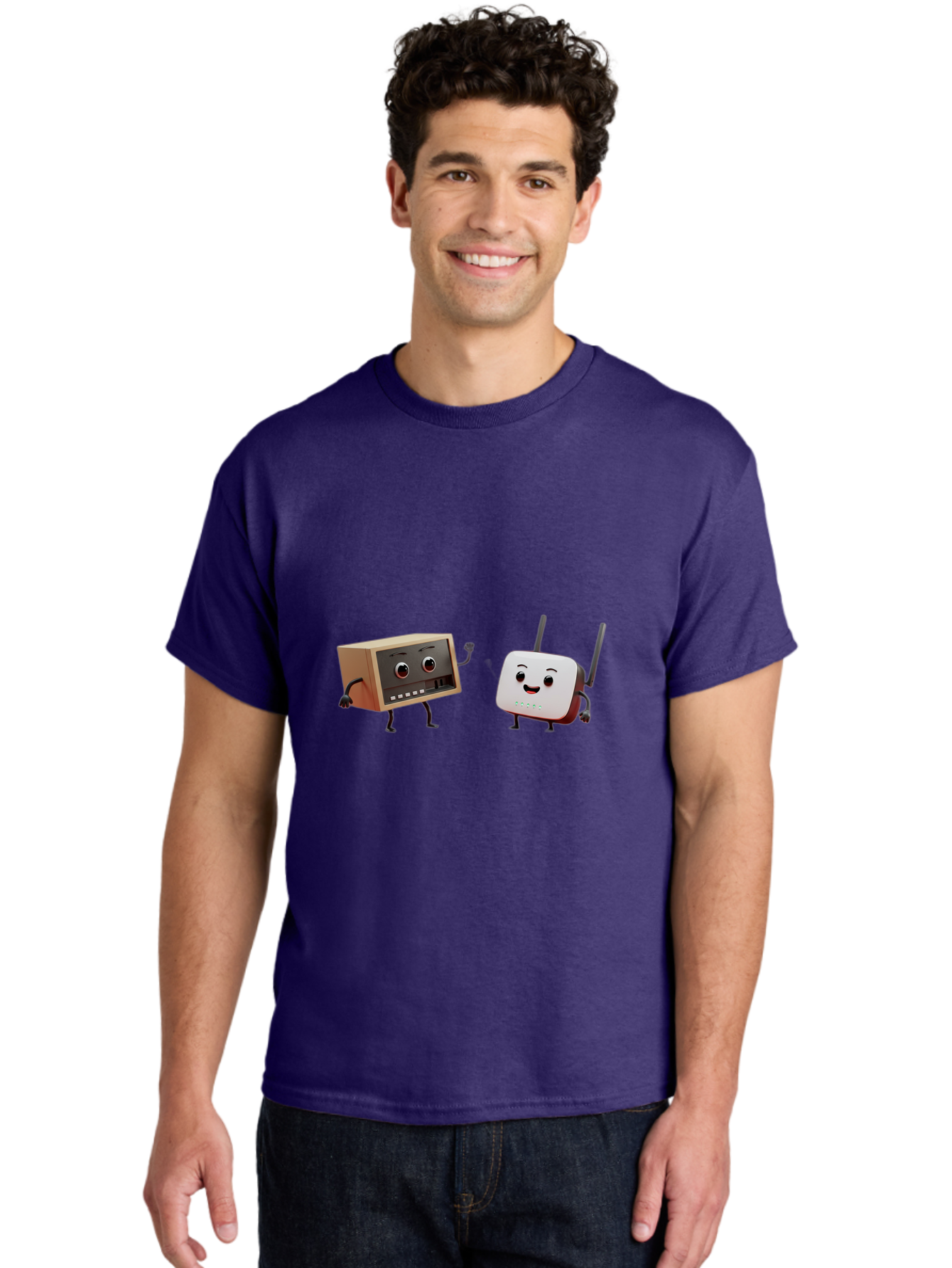 Router-And-Radio Men'S Graphic Tee, 100% Cotton, Comfortable Casual Summer Wear, Machine Washable, Anthropomorphic Router, Anthropomorphic Radio, Funny Characters, Cartoon Devices, Smiling Faces, Wireless Technology, Nostalgic Radio, Bab364 30