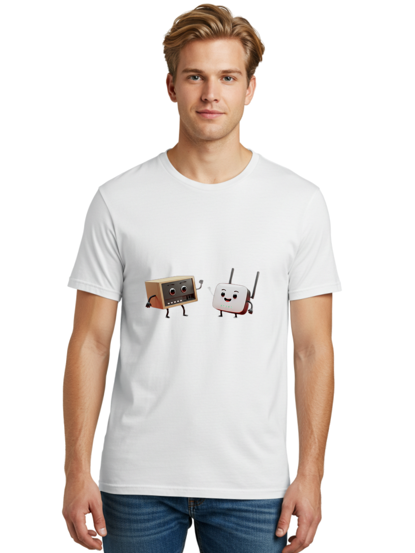Router-And-Radio Men'S Graphic Tee, 100% Cotton, Comfortable Casual Summer Wear, Machine Washable, Anthropomorphic Router, Anthropomorphic Radio, Funny Characters, Cartoon Devices, Smiling Faces, Wireless Technology, Nostalgic Radio, Bab364 4