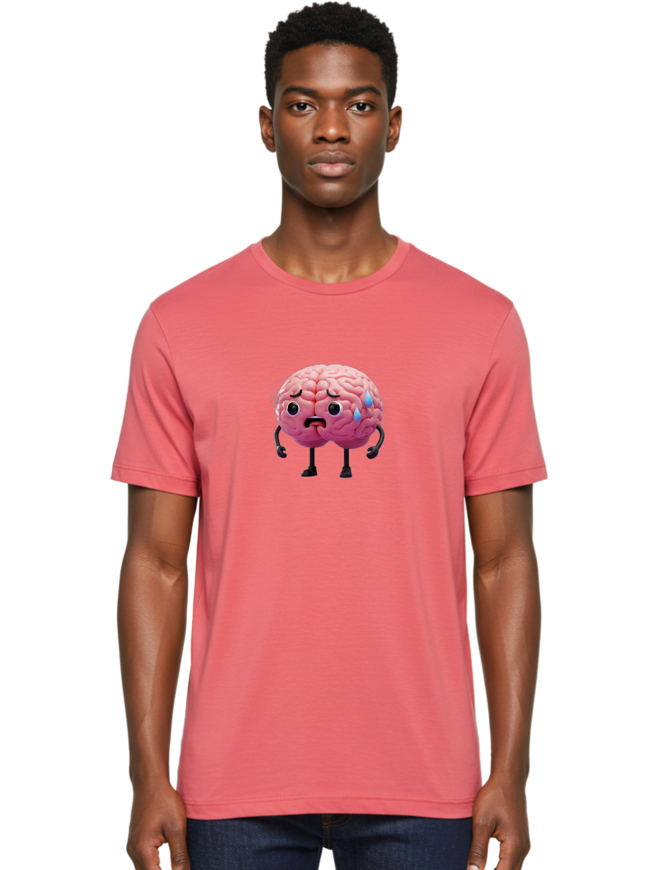 Sad-Brain-2 Men'S Graphic Tee, 100% Cotton, Comfortable Casual Summer Wear, Machine Washable, Cartoon Brain, Sad Face, Blue Tears, Thinking Problems, Mental Struggle, Negative Emotions, Anxiety Feelings Bab368 4