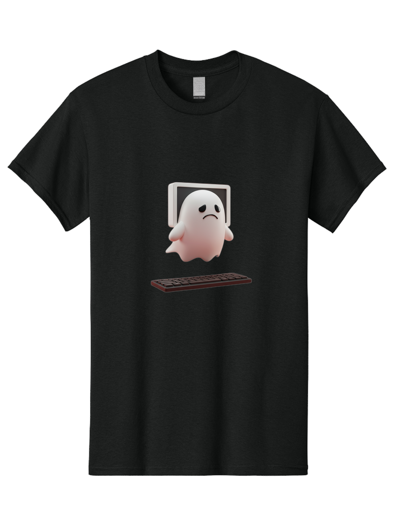 Sad-Ghost Men'S Graphic Tee, 100% Cotton, Comfortable Casual Summer Wear, Machine Washable, Sad Ghost, Unhappy Facial Expression, Ghost Character, Computer Monitor, Keyboard, Digital Illustration, 3D Rendering, Cartoon Ghost, Frowning Face Bab374 21