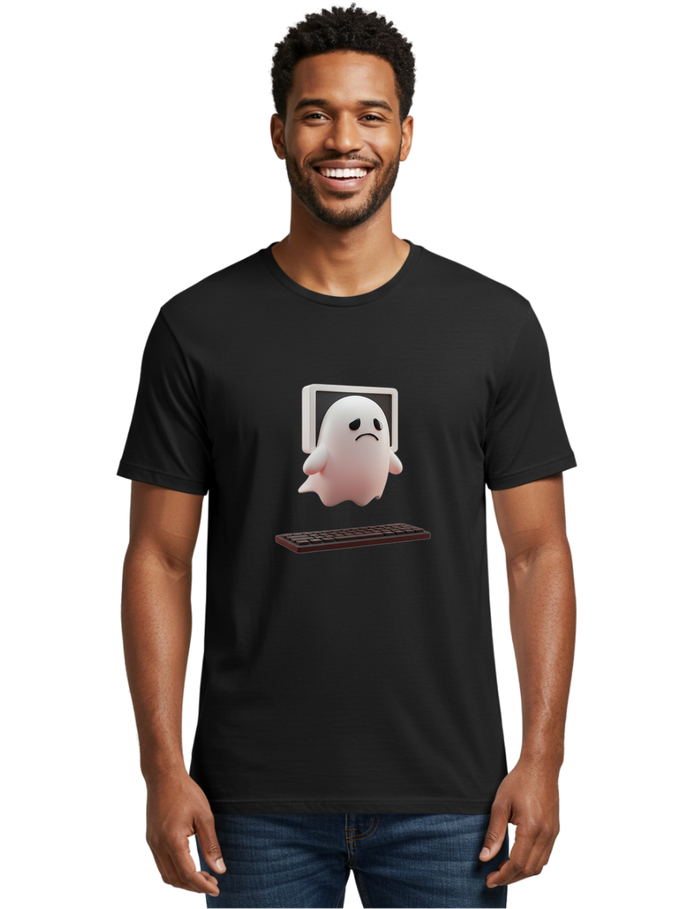 Sad-Ghost Men'S Graphic Tee, 100% Cotton, Comfortable Casual Summer Wear, Machine Washable, Sad Ghost, Unhappy Facial Expression, Ghost Character, Computer Monitor, Keyboard, Digital Illustration, 3D Rendering, Cartoon Ghost, Frowning Face Bab374 22