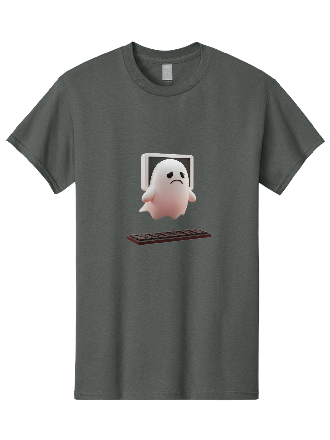 Sad-Ghost Men'S Graphic Tee, 100% Cotton, Comfortable Casual Summer Wear, Machine Washable, Sad Ghost, Unhappy Facial Expression, Ghost Character, Computer Monitor, Keyboard, Digital Illustration, 3D Rendering, Cartoon Ghost, Frowning Face Bab374 3