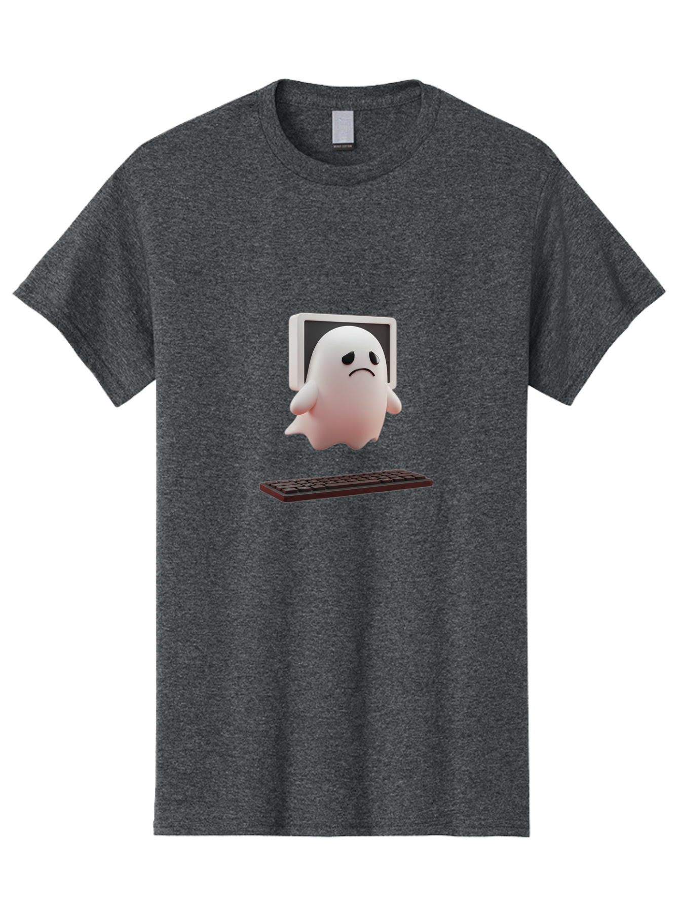 Sad-Ghost Men'S Graphic Tee, 100% Cotton, Comfortable Casual Summer Wear, Machine Washable, Sad Ghost, Unhappy Facial Expression, Ghost Character, Computer Monitor, Keyboard, Digital Illustration, 3D Rendering, Cartoon Ghost, Frowning Face Bab374 5