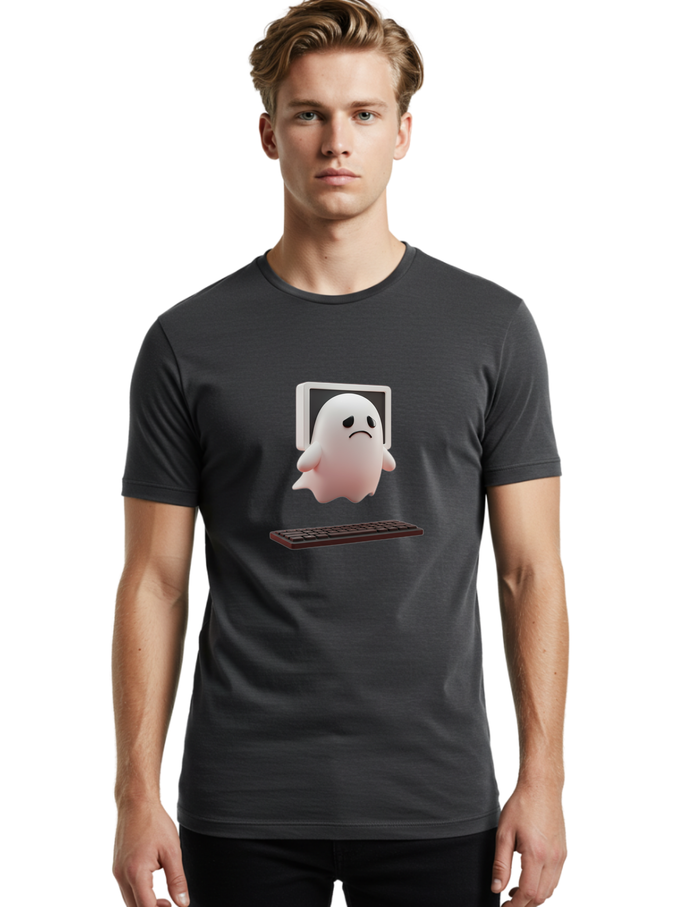Sad-Ghost Men'S Graphic Tee, 100% Cotton, Comfortable Casual Summer Wear, Machine Washable, Sad Ghost, Unhappy Facial Expression, Ghost Character, Computer Monitor, Keyboard, Digital Illustration, 3D Rendering, Cartoon Ghost, Frowning Face Bab374 6