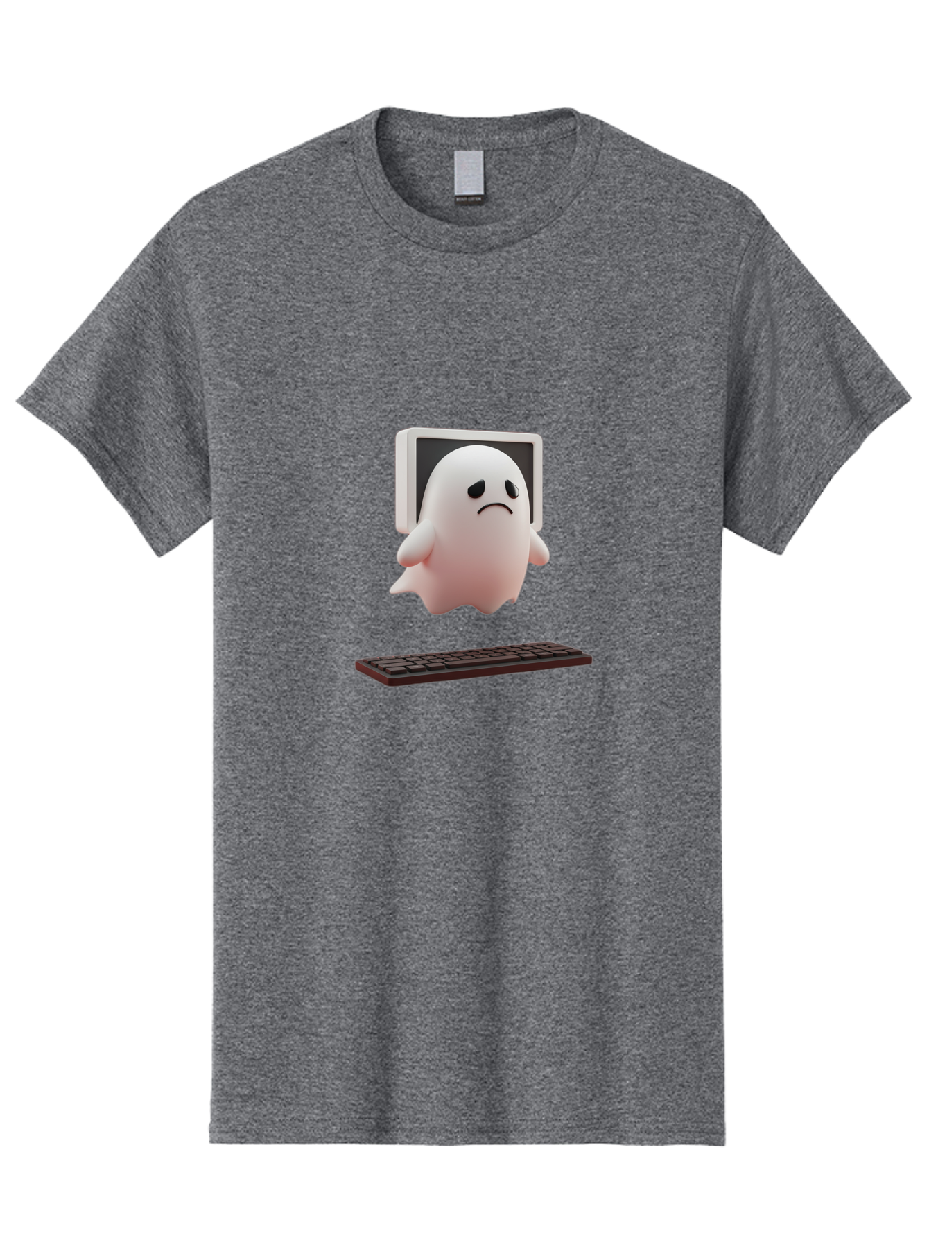 Sad-Ghost Men'S Graphic Tee, 100% Cotton, Comfortable Casual Summer Wear, Machine Washable, Sad Ghost, Unhappy Facial Expression, Ghost Character, Computer Monitor, Keyboard, Digital Illustration, 3D Rendering, Cartoon Ghost, Frowning Face Bab374 25