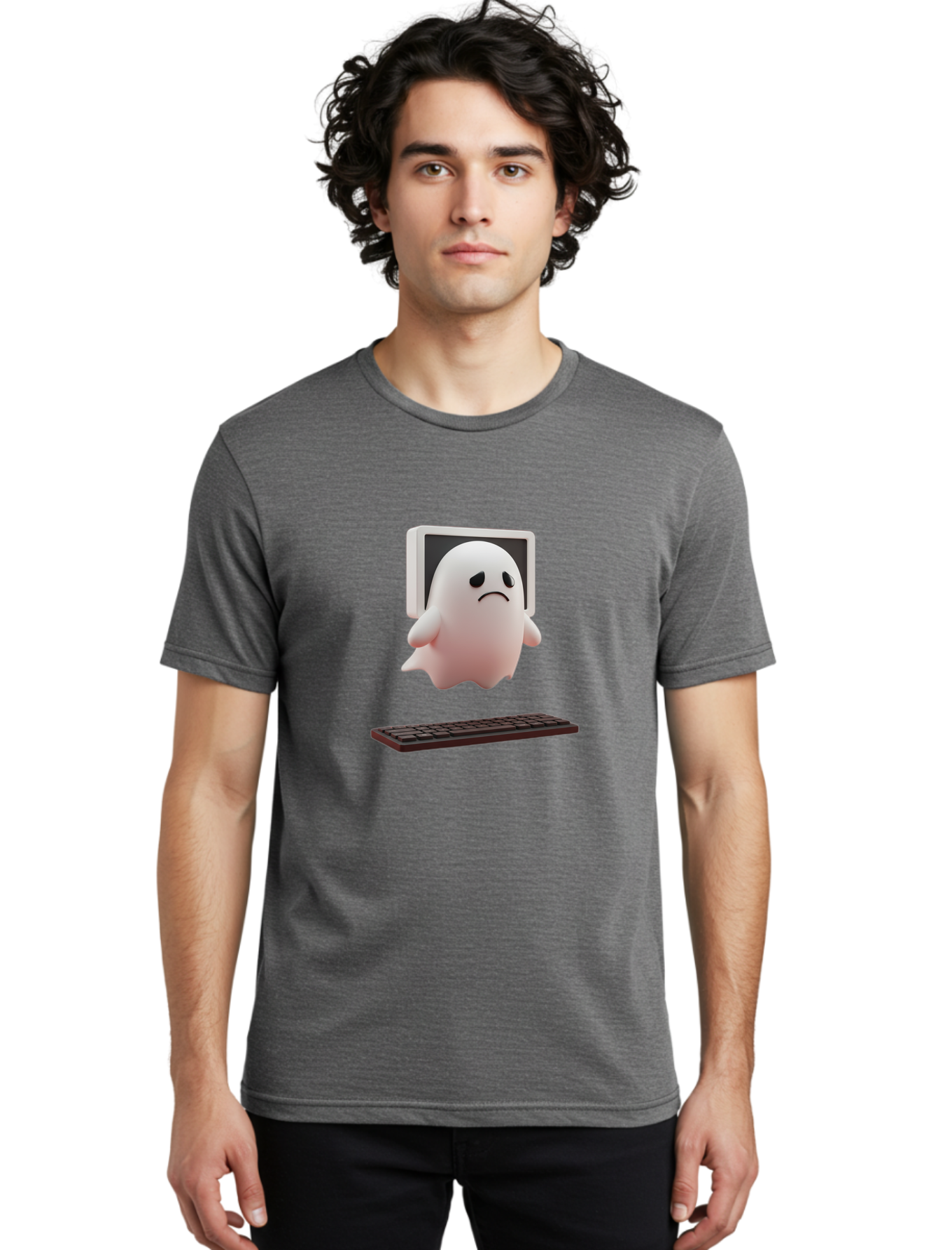 Sad-Ghost Men'S Graphic Tee, 100% Cotton, Comfortable Casual Summer Wear, Machine Washable, Sad Ghost, Unhappy Facial Expression, Ghost Character, Computer Monitor, Keyboard, Digital Illustration, 3D Rendering, Cartoon Ghost, Frowning Face Bab374 26