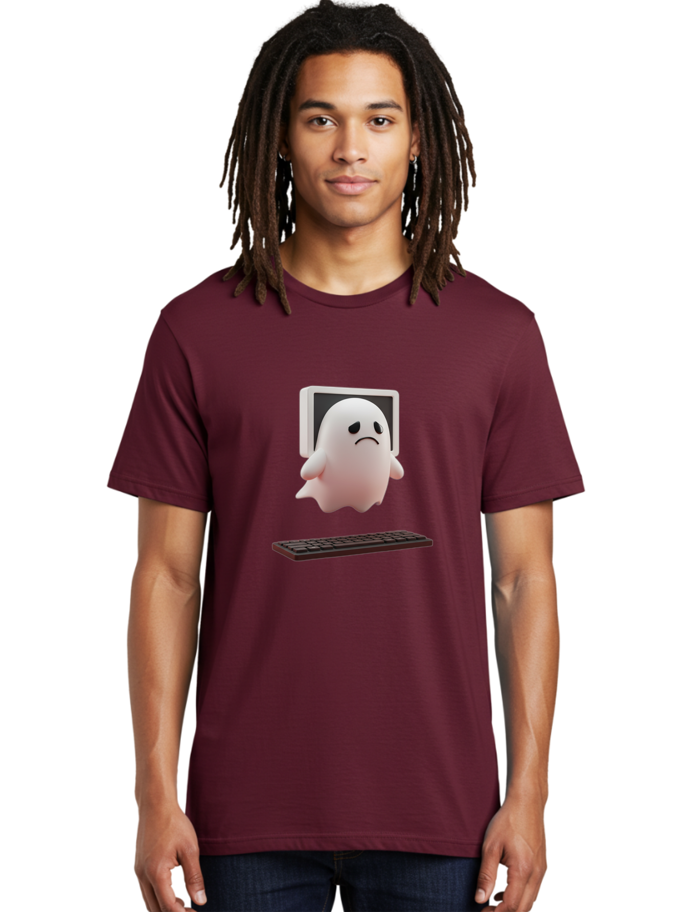 Sad-Ghost Men'S Graphic Tee, 100% Cotton, Comfortable Casual Summer Wear, Machine Washable, Sad Ghost, Unhappy Facial Expression, Ghost Character, Computer Monitor, Keyboard, Digital Illustration, 3D Rendering, Cartoon Ghost, Frowning Face Bab374 30