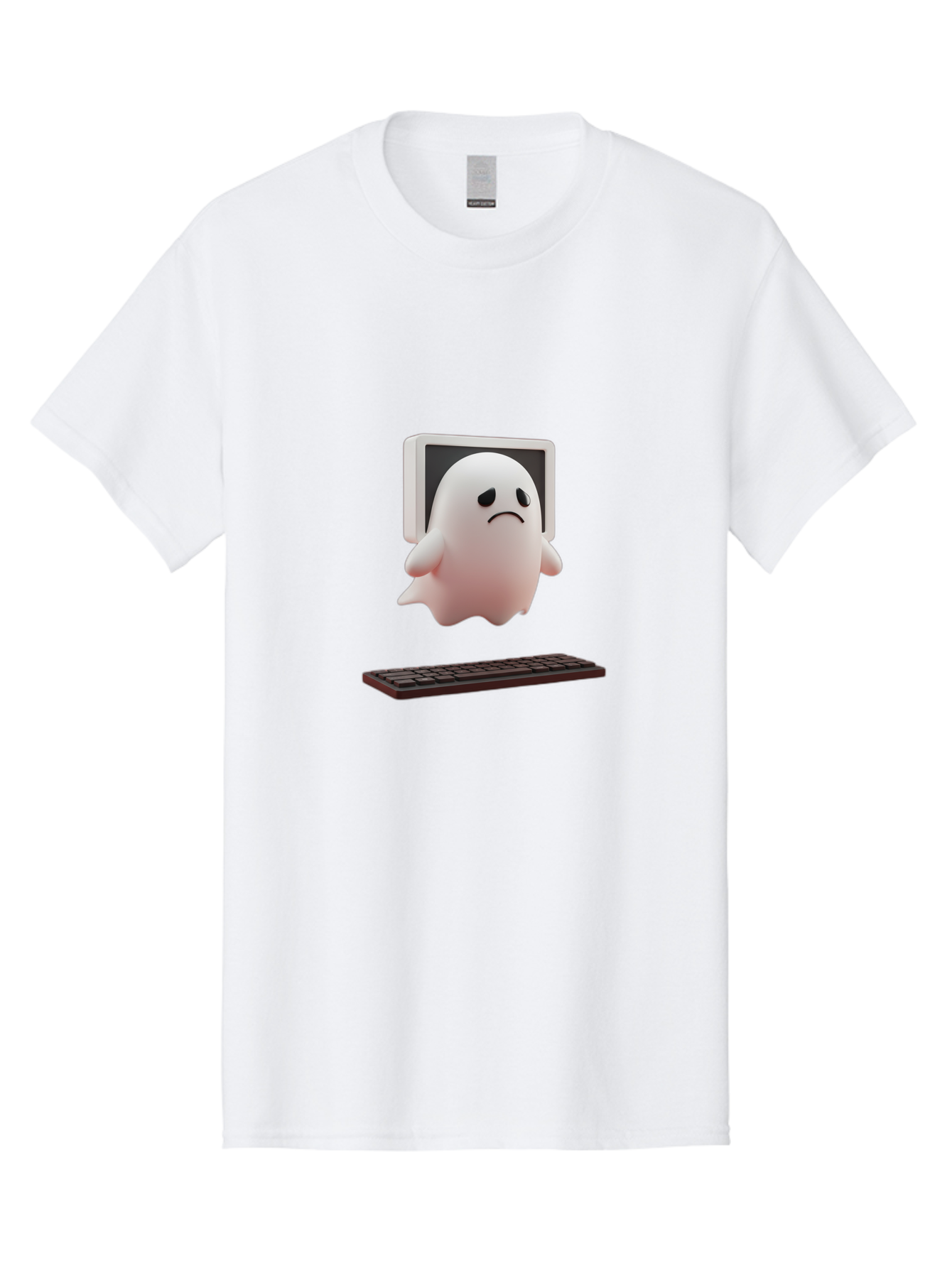 Sad-Ghost Men'S Graphic Tee, 100% Cotton, Comfortable Casual Summer Wear, Machine Washable, Sad Ghost, Unhappy Facial Expression, Ghost Character, Computer Monitor, Keyboard, Digital Illustration, 3D Rendering, Cartoon Ghost, Frowning Face Bab374 23