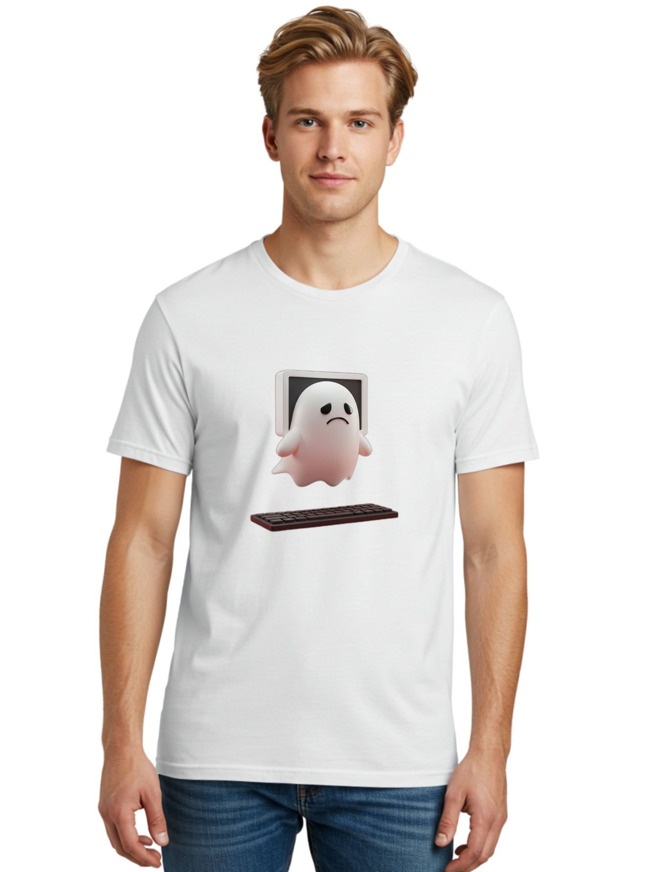 Sad-Ghost Men'S Graphic Tee, 100% Cotton, Comfortable Casual Summer Wear, Machine Washable, Sad Ghost, Unhappy Facial Expression, Ghost Character, Computer Monitor, Keyboard, Digital Illustration, 3D Rendering, Cartoon Ghost, Frowning Face Bab374 24