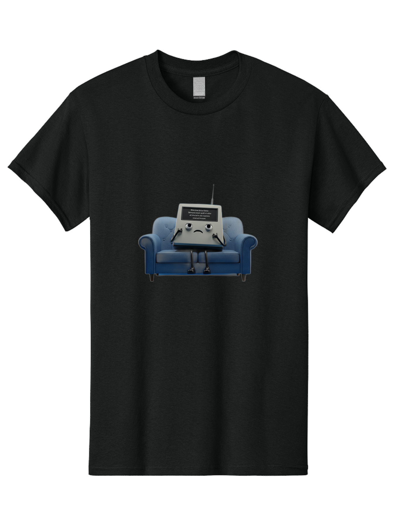 Sad-Laptop Men'S Graphic Tee, 100% Cotton, Comfortable Casual Summer Wear, Machine Washable, Sad Computer On Sofa, Blue Armchair, Frowning Face, Black Screen, Robotic Legs, Error Message, Quirky Character, Futuristic Design, Tech Humor, Bab375 25