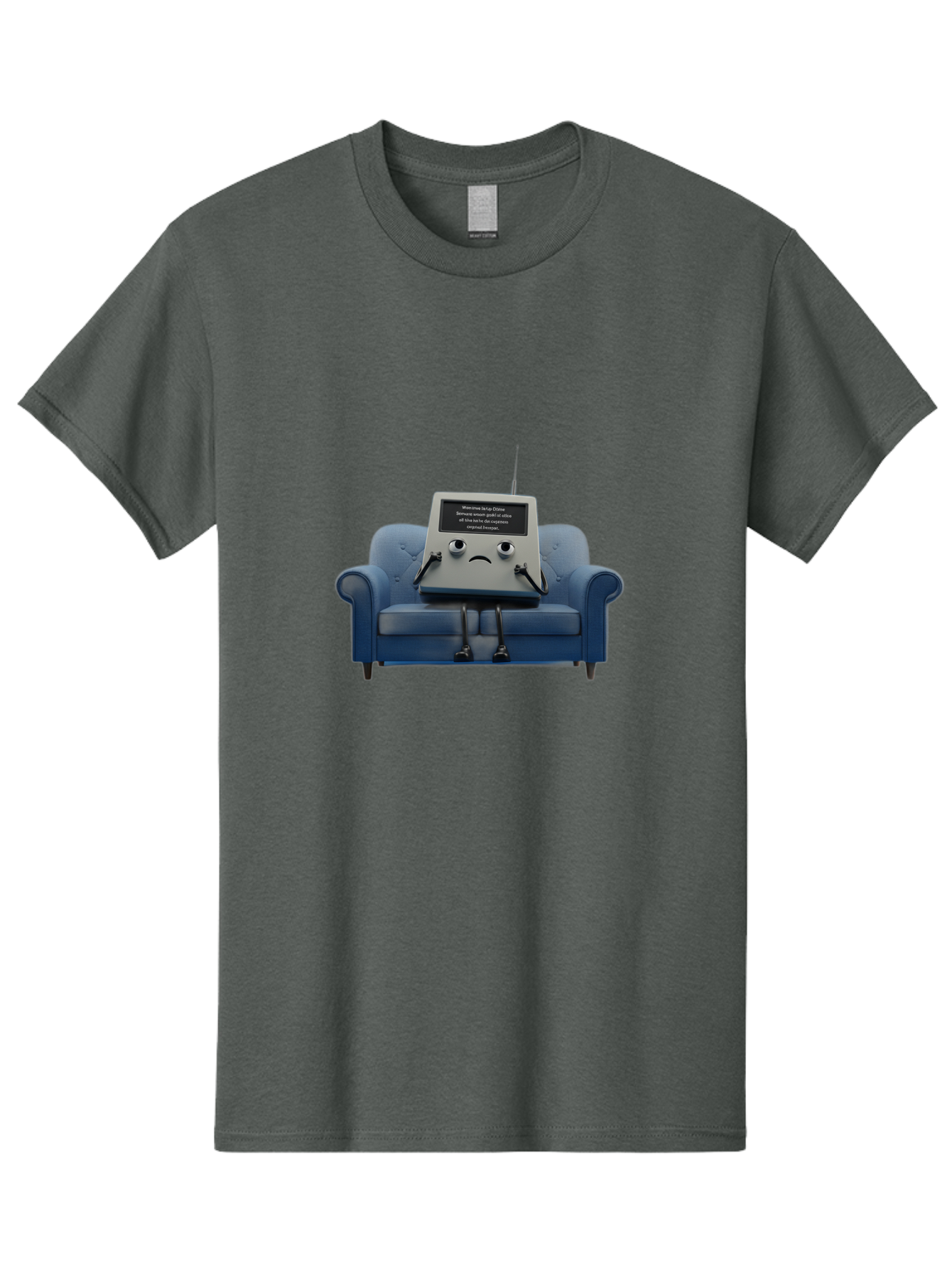 Sad-Laptop Men'S Graphic Tee, 100% Cotton, Comfortable Casual Summer Wear, Machine Washable, Sad Computer On Sofa, Blue Armchair, Frowning Face, Black Screen, Robotic Legs, Error Message, Quirky Character, Futuristic Design, Tech Humor, Bab375 13