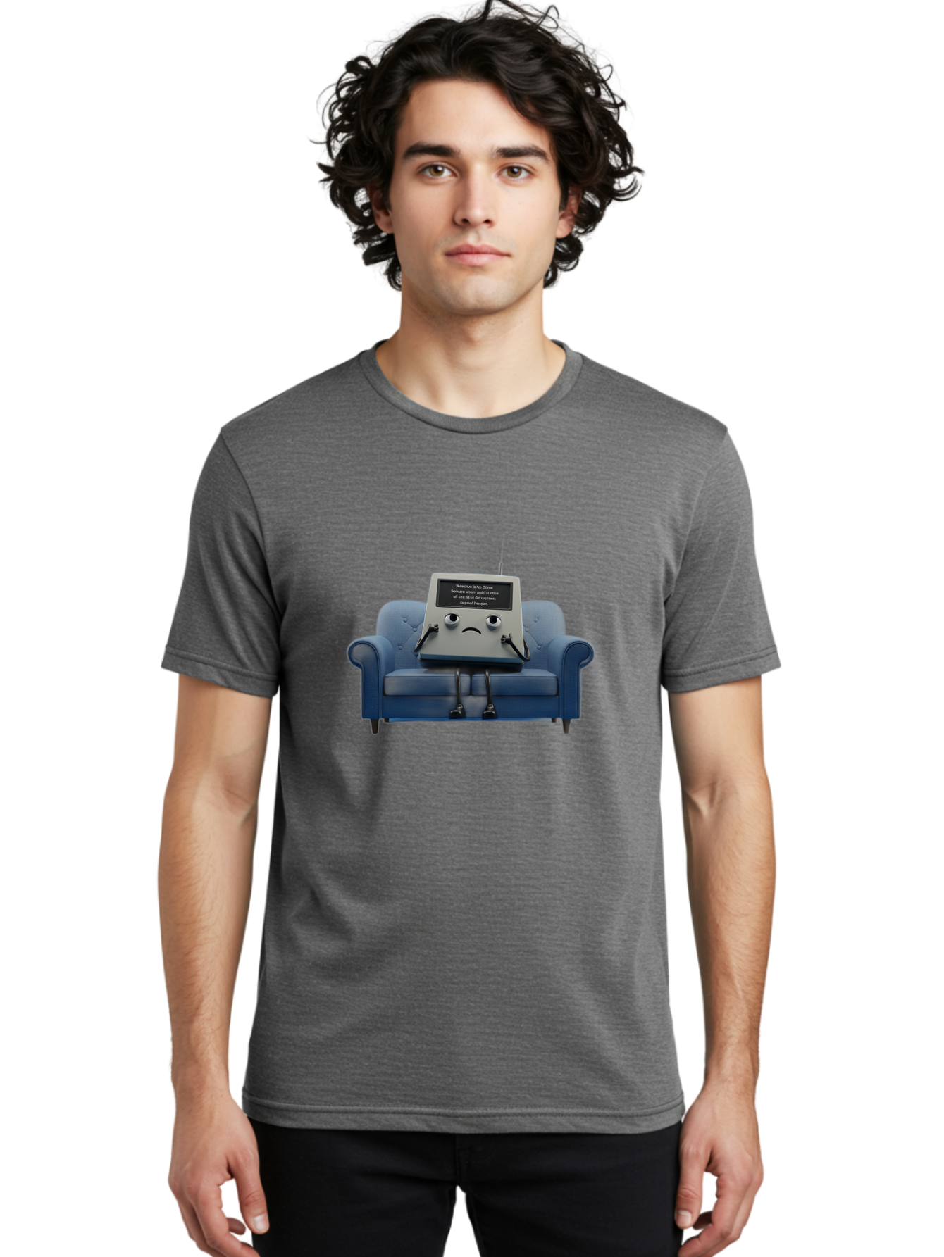 Sad-Laptop Men'S Graphic Tee, 100% Cotton, Comfortable Casual Summer Wear, Machine Washable, Sad Computer On Sofa, Blue Armchair, Frowning Face, Black Screen, Robotic Legs, Error Message, Quirky Character, Futuristic Design, Tech Humor, Bab375 4
