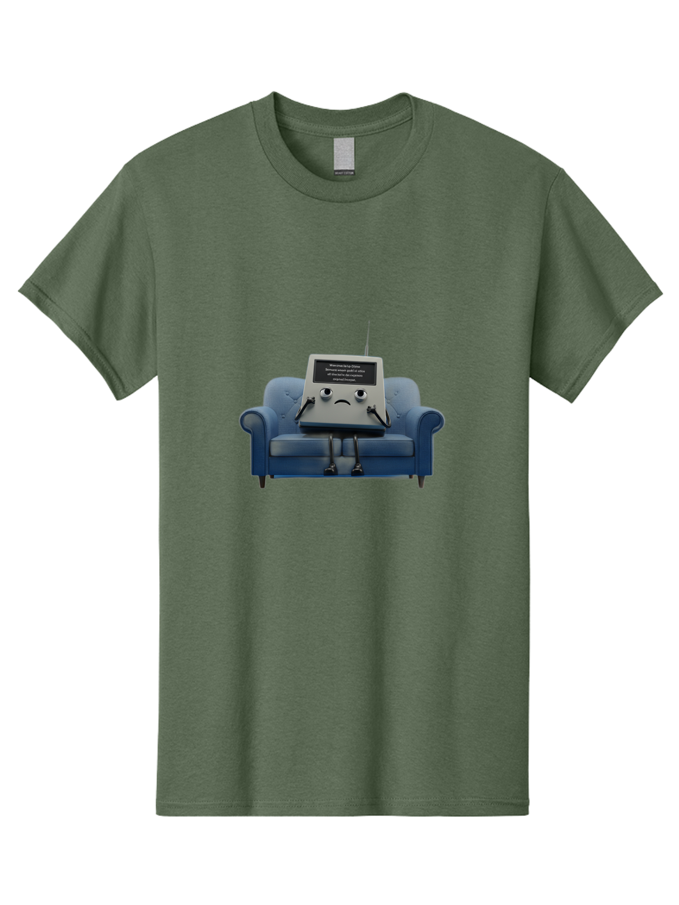 Sad-Laptop Men'S Graphic Tee, 100% Cotton, Comfortable Casual Summer Wear, Machine Washable, Sad Computer On Sofa, Blue Armchair, Frowning Face, Black Screen, Robotic Legs, Error Message, Quirky Character, Futuristic Design, Tech Humor, Bab375 17