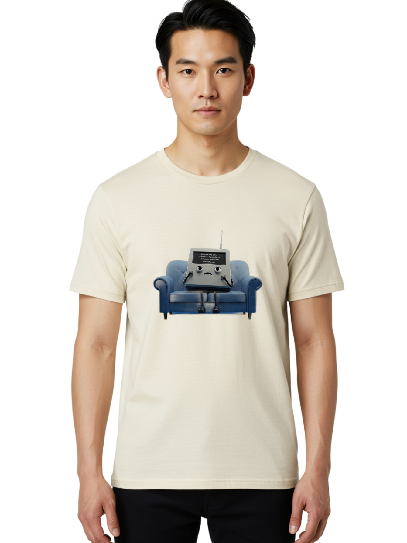 Sad-Laptop Men'S Graphic Tee, 100% Cotton, Comfortable Casual Summer Wear, Machine Washable, Sad Computer On Sofa, Blue Armchair, Frowning Face, Black Screen, Robotic Legs, Error Message, Quirky Character, Futuristic Design, Tech Humor, Bab375 8