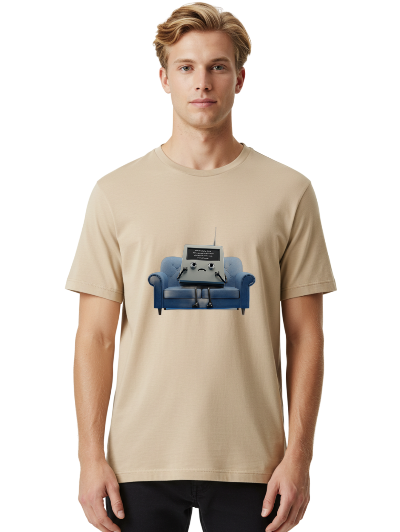 Sad-Laptop Men'S Graphic Tee, 100% Cotton, Comfortable Casual Summer Wear, Machine Washable, Sad Computer On Sofa, Blue Armchair, Frowning Face, Black Screen, Robotic Legs, Error Message, Quirky Character, Futuristic Design, Tech Humor, Bab375 22