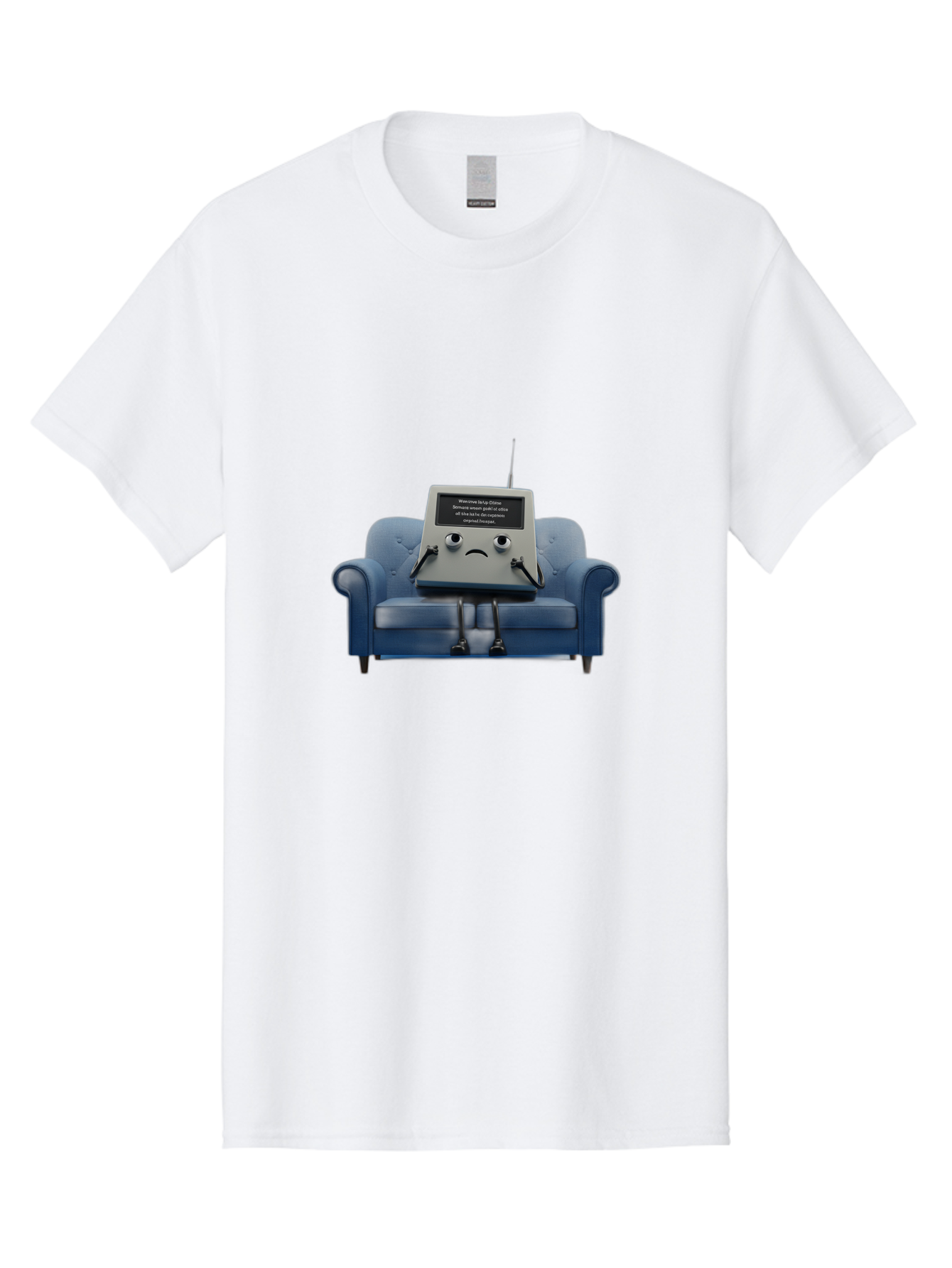 Sad-Laptop Men'S Graphic Tee, 100% Cotton, Comfortable Casual Summer Wear, Machine Washable, Sad Computer On Sofa, Blue Armchair, Frowning Face, Black Screen, Robotic Legs, Error Message, Quirky Character, Futuristic Design, Tech Humor, Bab375 5