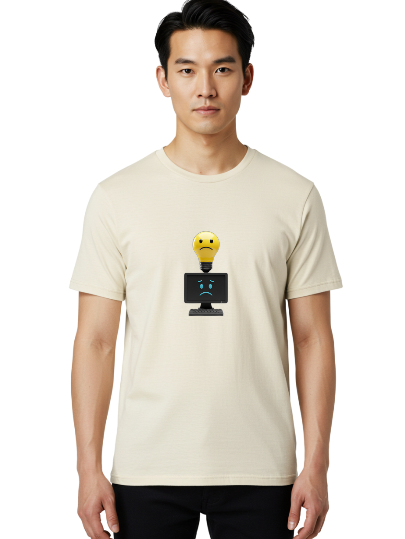 Sad-Light-Bulb Men'S Graphic Tee, 100% Cotton, Comfortable Casual Summer Wear, Machine Washable, Sad Emoji, Frowning Face, Unhappy Computer, Disappointing Technology, Frustrations, Negative Emotions, Distress, Gloomy Atmosphere, Bab376 4