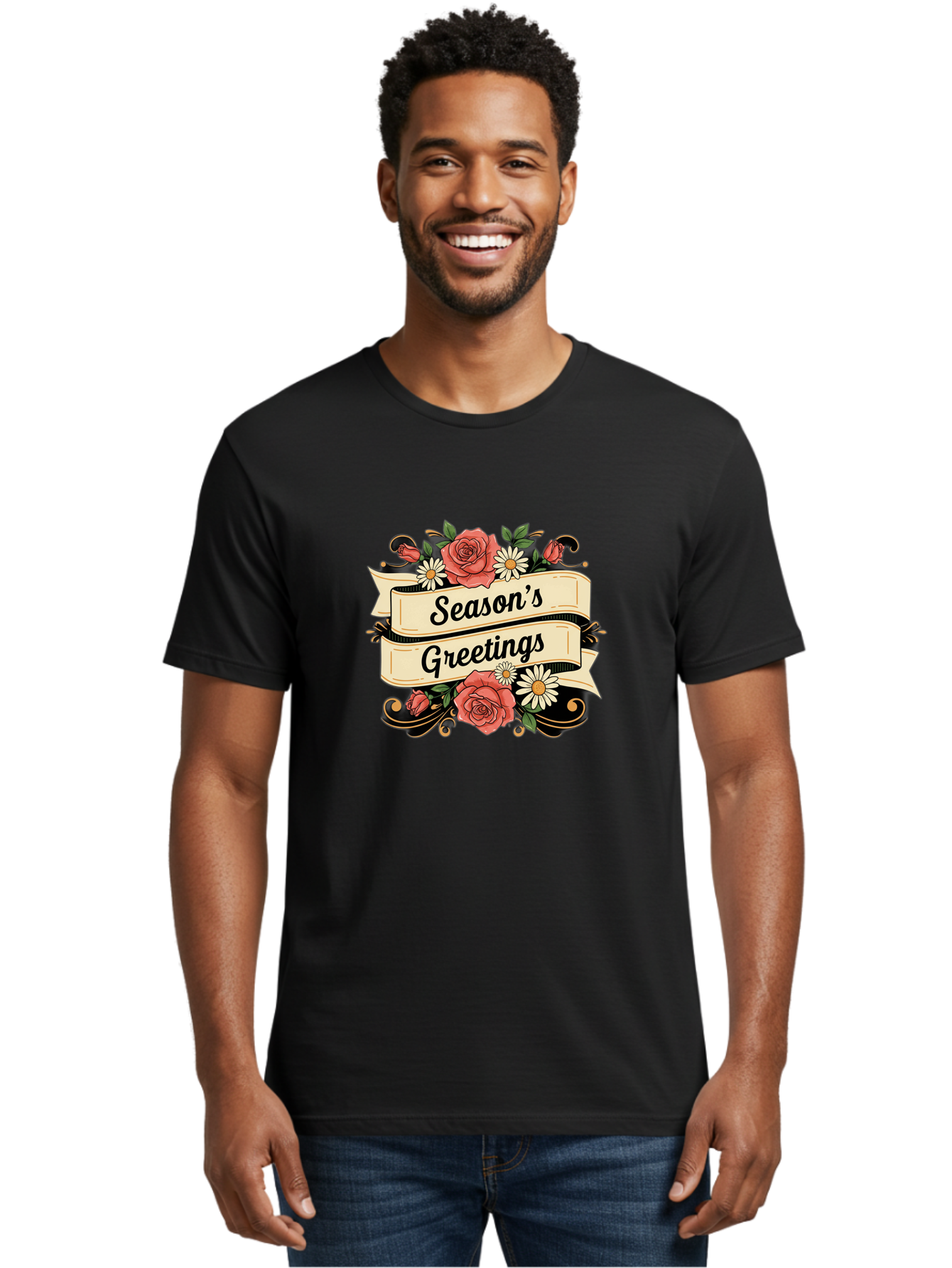 Season-S-Greetings Men'S Graphic Tee, 100% Cotton, Comfortable Casual Summer Wear, Machine Washable, Vintage Floral Design, Roses And Daisies, Festive Holiday Greeting, Elegant Black Script, Classic Christmas Theme, Warm Winter Wishes, Bab388 6