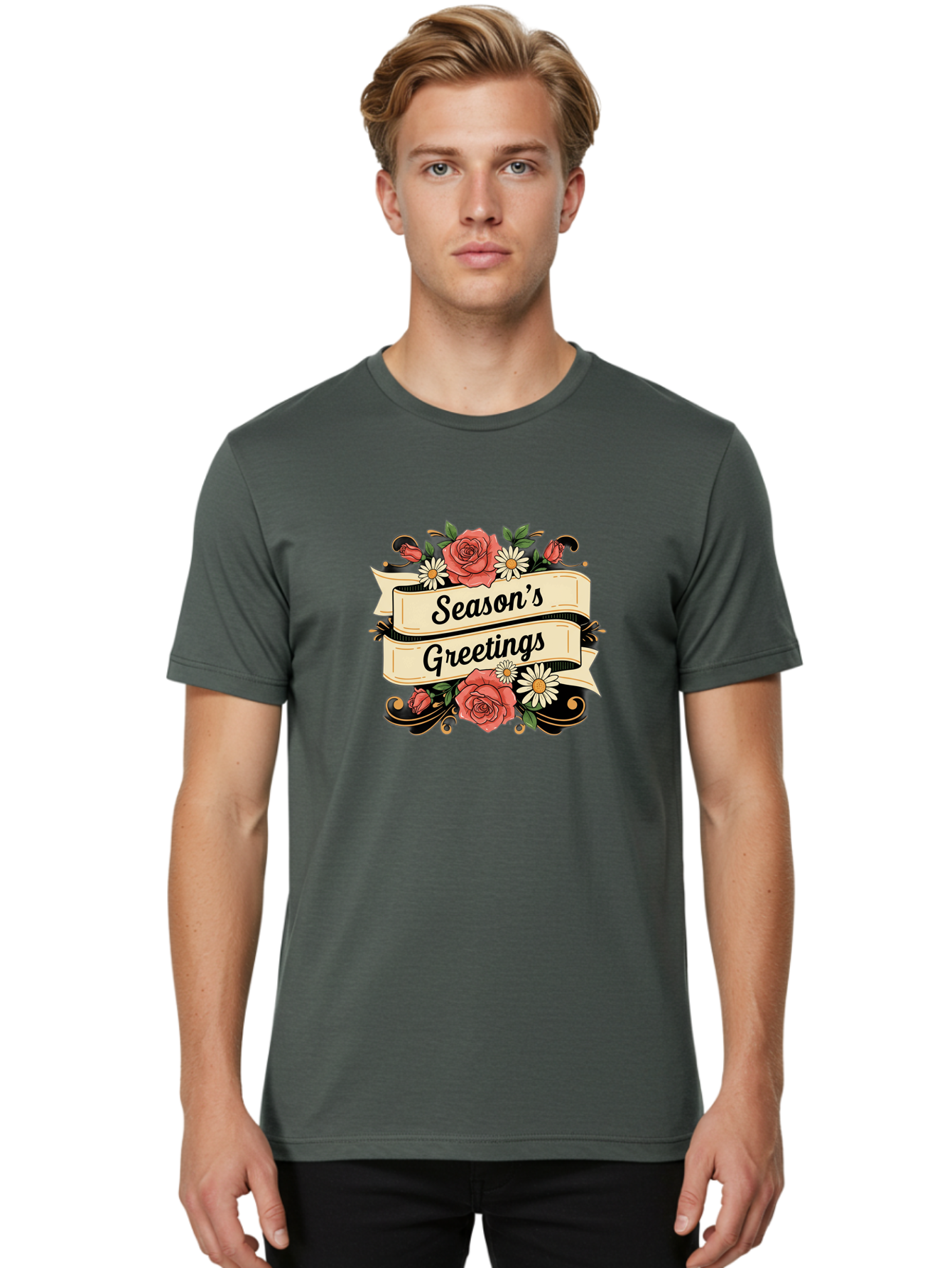 Season-S-Greetings Men'S Graphic Tee, 100% Cotton, Comfortable Casual Summer Wear, Machine Washable, Vintage Floral Design, Roses And Daisies, Festive Holiday Greeting, Elegant Black Script, Classic Christmas Theme, Warm Winter Wishes, Bab388 16