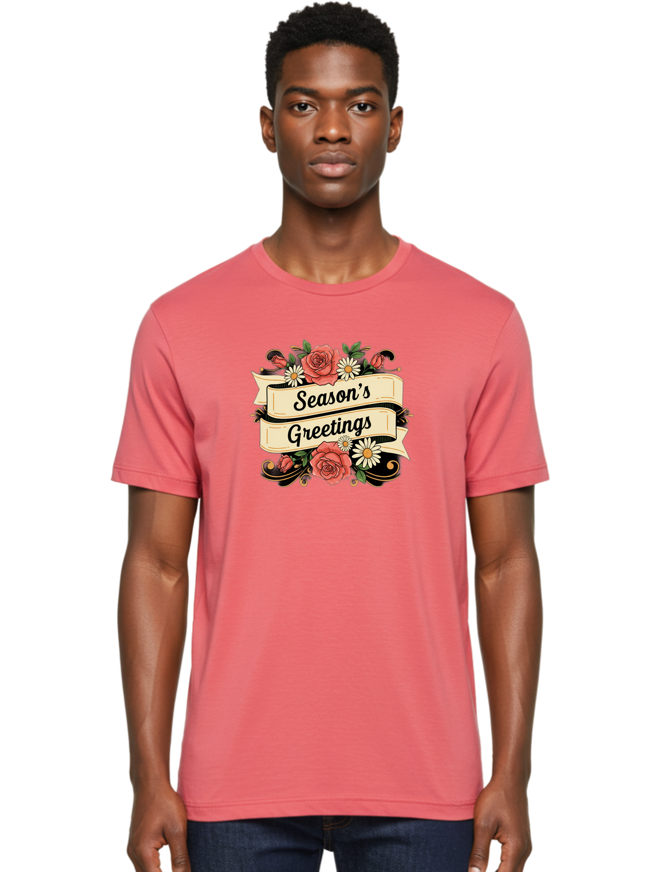 Season-S-Greetings Men'S Graphic Tee, 100% Cotton, Comfortable Casual Summer Wear, Machine Washable, Vintage Floral Design, Roses And Daisies, Festive Holiday Greeting, Elegant Black Script, Classic Christmas Theme, Warm Winter Wishes, Bab388 22