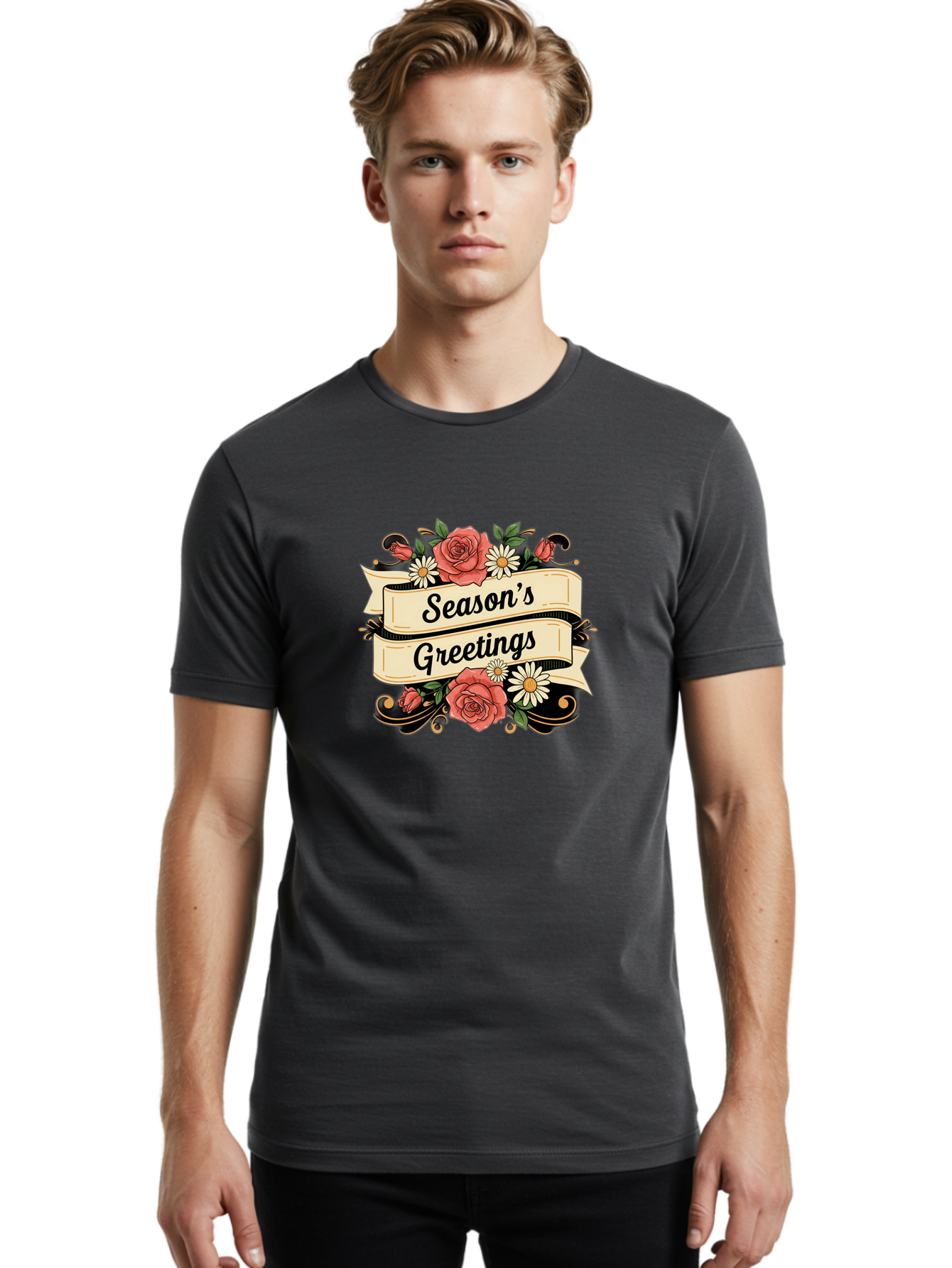 Season-S-Greetings Men'S Graphic Tee, 100% Cotton, Comfortable Casual Summer Wear, Machine Washable, Vintage Floral Design, Roses And Daisies, Festive Holiday Greeting, Elegant Black Script, Classic Christmas Theme, Warm Winter Wishes, Bab388 14