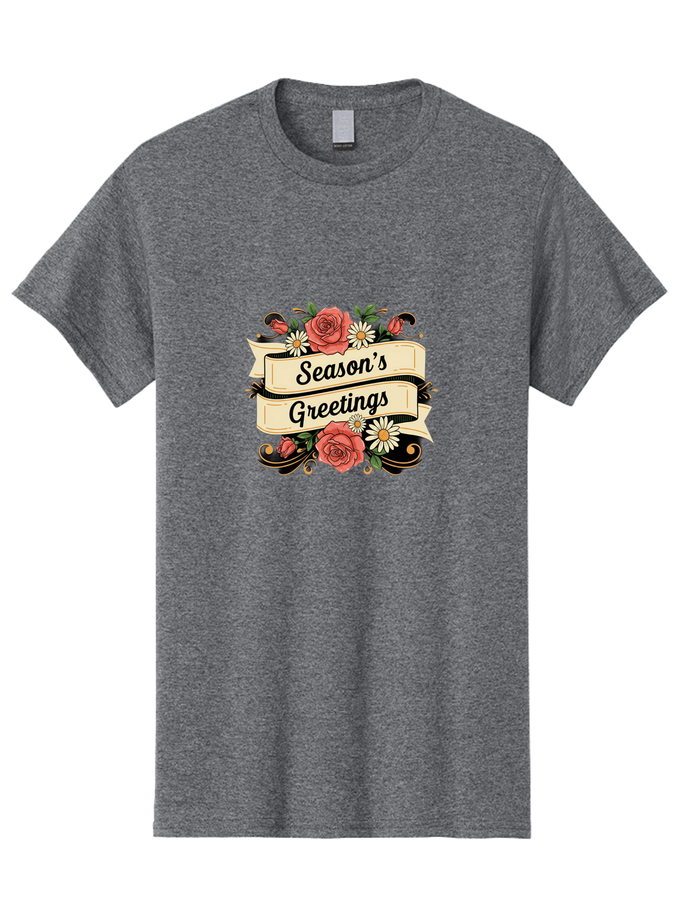 Season-S-Greetings Men'S Graphic Tee, 100% Cotton, Comfortable Casual Summer Wear, Machine Washable, Vintage Floral Design, Roses And Daisies, Festive Holiday Greeting, Elegant Black Script, Classic Christmas Theme, Warm Winter Wishes, Bab388 1