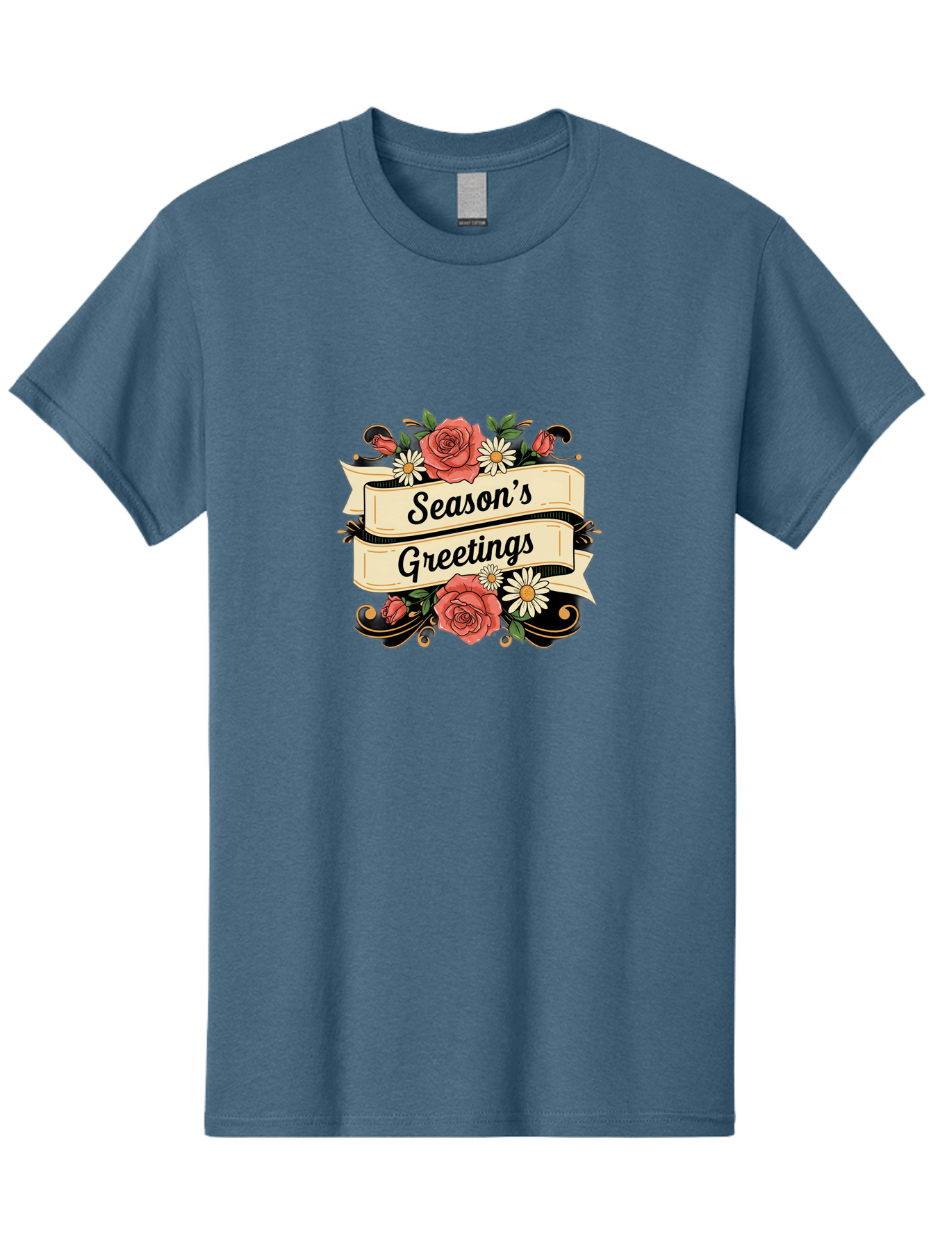 Season-S-Greetings Men'S Graphic Tee, 100% Cotton, Comfortable Casual Summer Wear, Machine Washable, Vintage Floral Design, Roses And Daisies, Festive Holiday Greeting, Elegant Black Script, Classic Christmas Theme, Warm Winter Wishes, Bab388 3