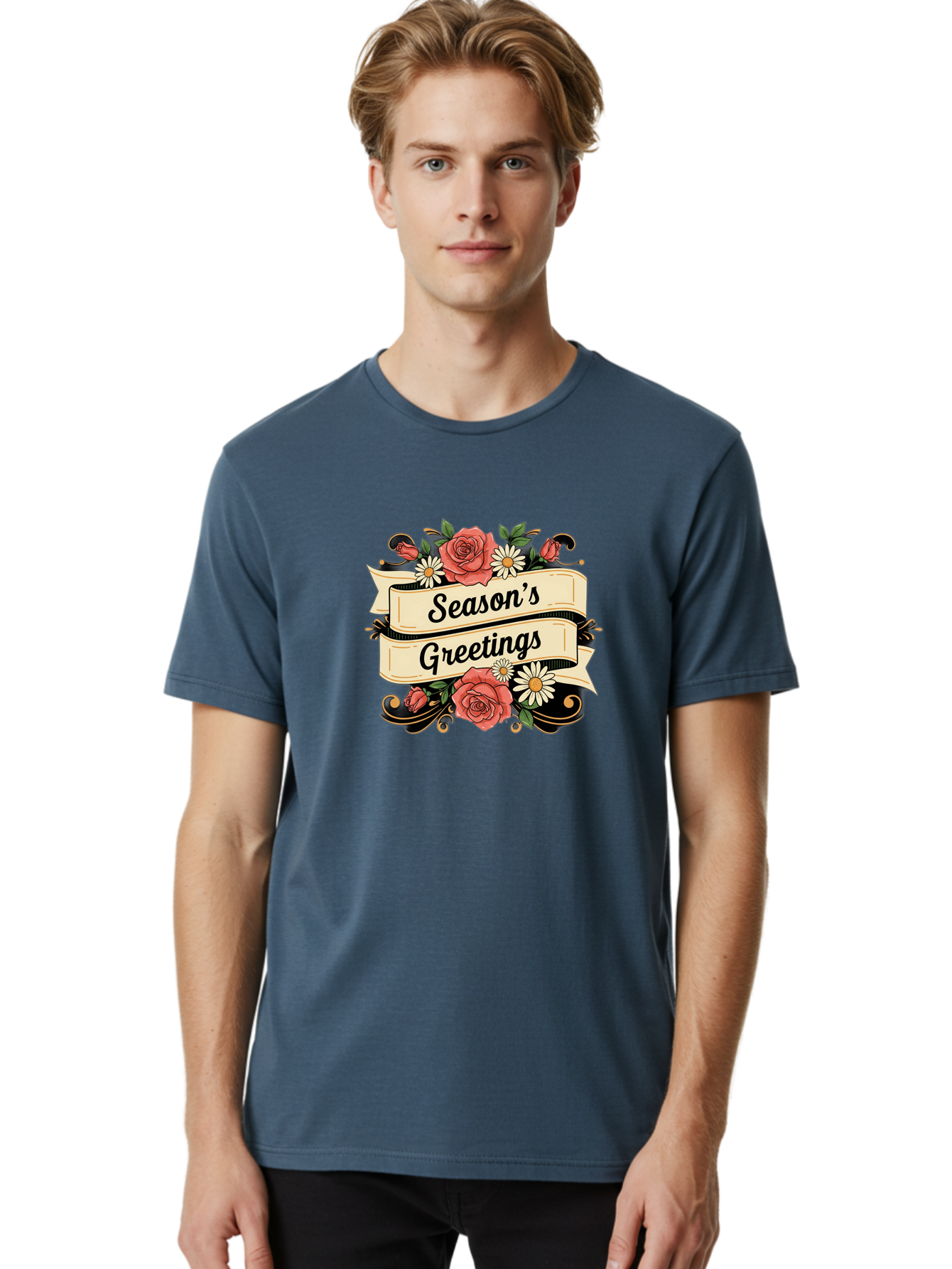 Season-S-Greetings Men'S Graphic Tee, 100% Cotton, Comfortable Casual Summer Wear, Machine Washable, Vintage Floral Design, Roses And Daisies, Festive Holiday Greeting, Elegant Black Script, Classic Christmas Theme, Warm Winter Wishes, Bab388 4
