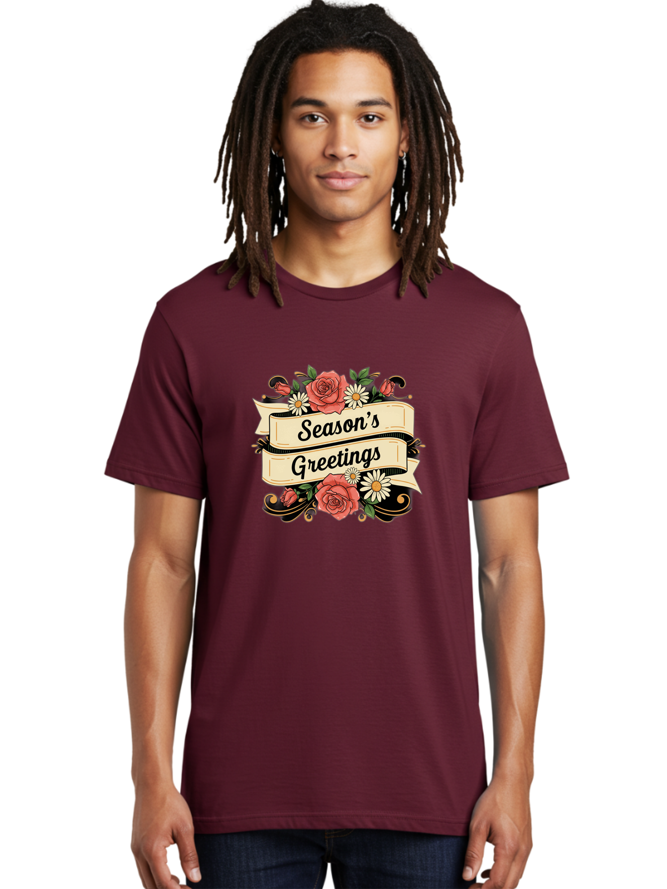 Season-S-Greetings Men'S Graphic Tee, 100% Cotton, Comfortable Casual Summer Wear, Machine Washable, Vintage Floral Design, Roses And Daisies, Festive Holiday Greeting, Elegant Black Script, Classic Christmas Theme, Warm Winter Wishes, Bab388 28