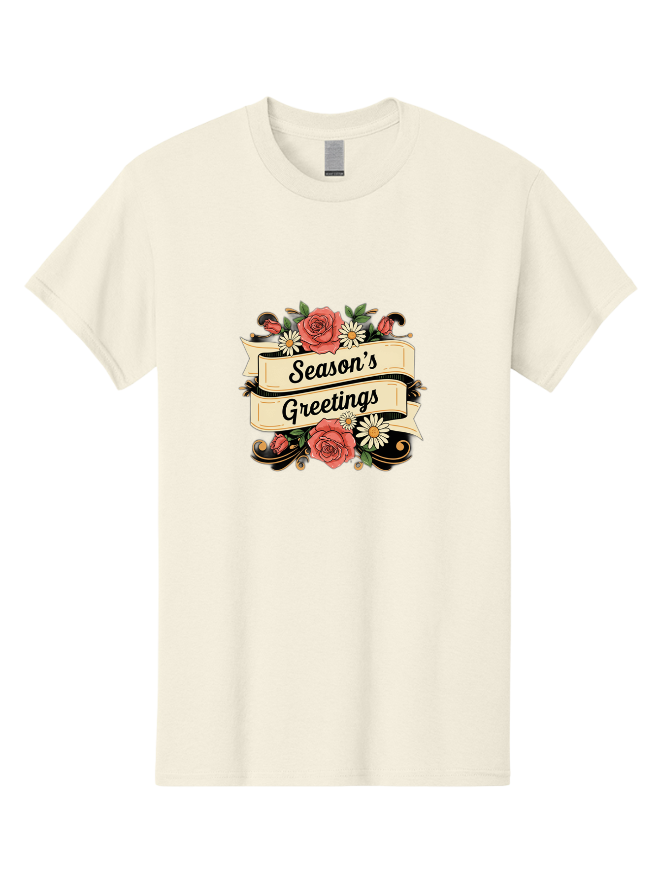 Season-S-Greetings Men'S Graphic Tee, 100% Cotton, Comfortable Casual Summer Wear, Machine Washable, Vintage Floral Design, Roses And Daisies, Festive Holiday Greeting, Elegant Black Script, Classic Christmas Theme, Warm Winter Wishes, Bab388 19