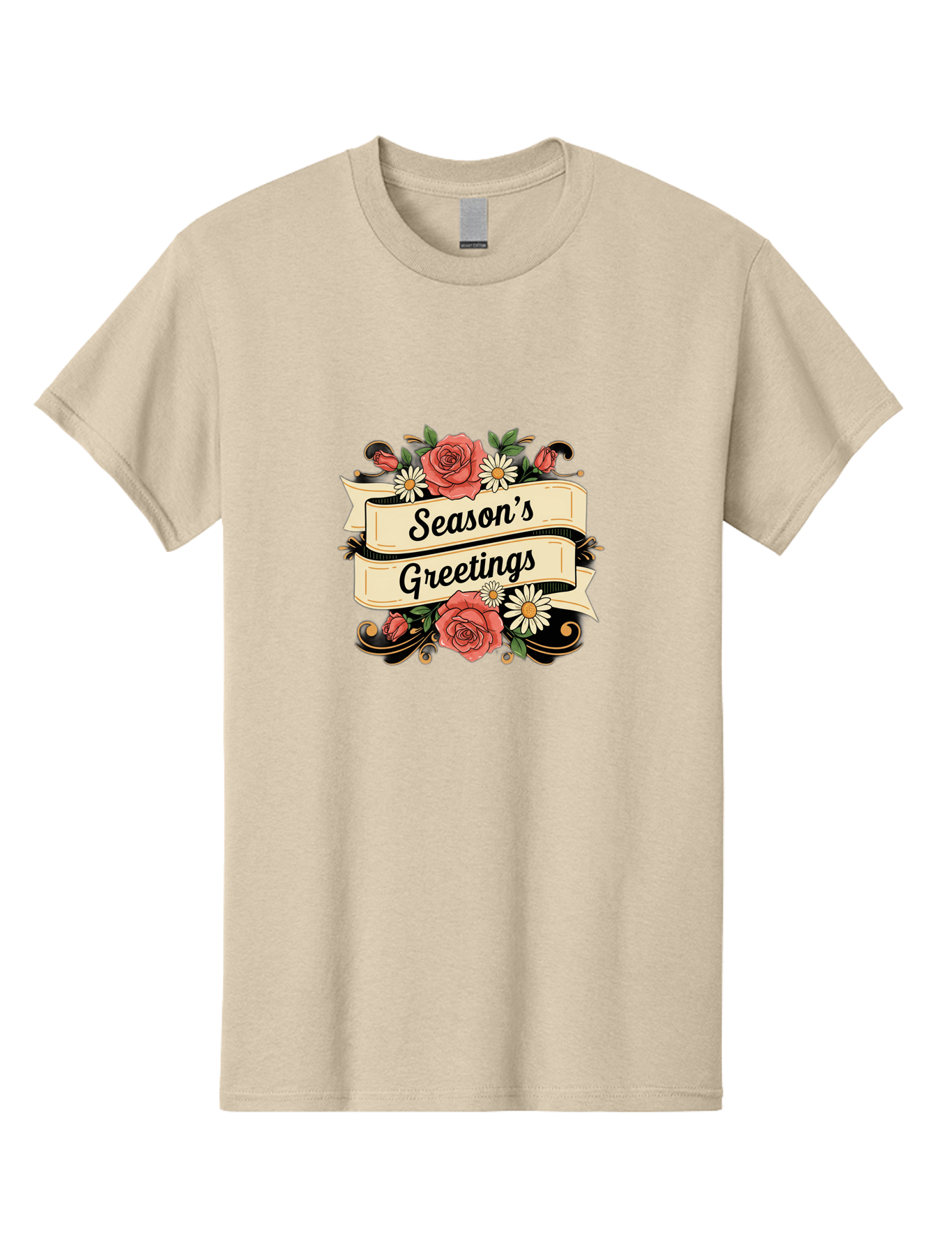 Season-S-Greetings Men'S Graphic Tee, 100% Cotton, Comfortable Casual Summer Wear, Machine Washable, Vintage Floral Design, Roses And Daisies, Festive Holiday Greeting, Elegant Black Script, Classic Christmas Theme, Warm Winter Wishes, Bab388 29
