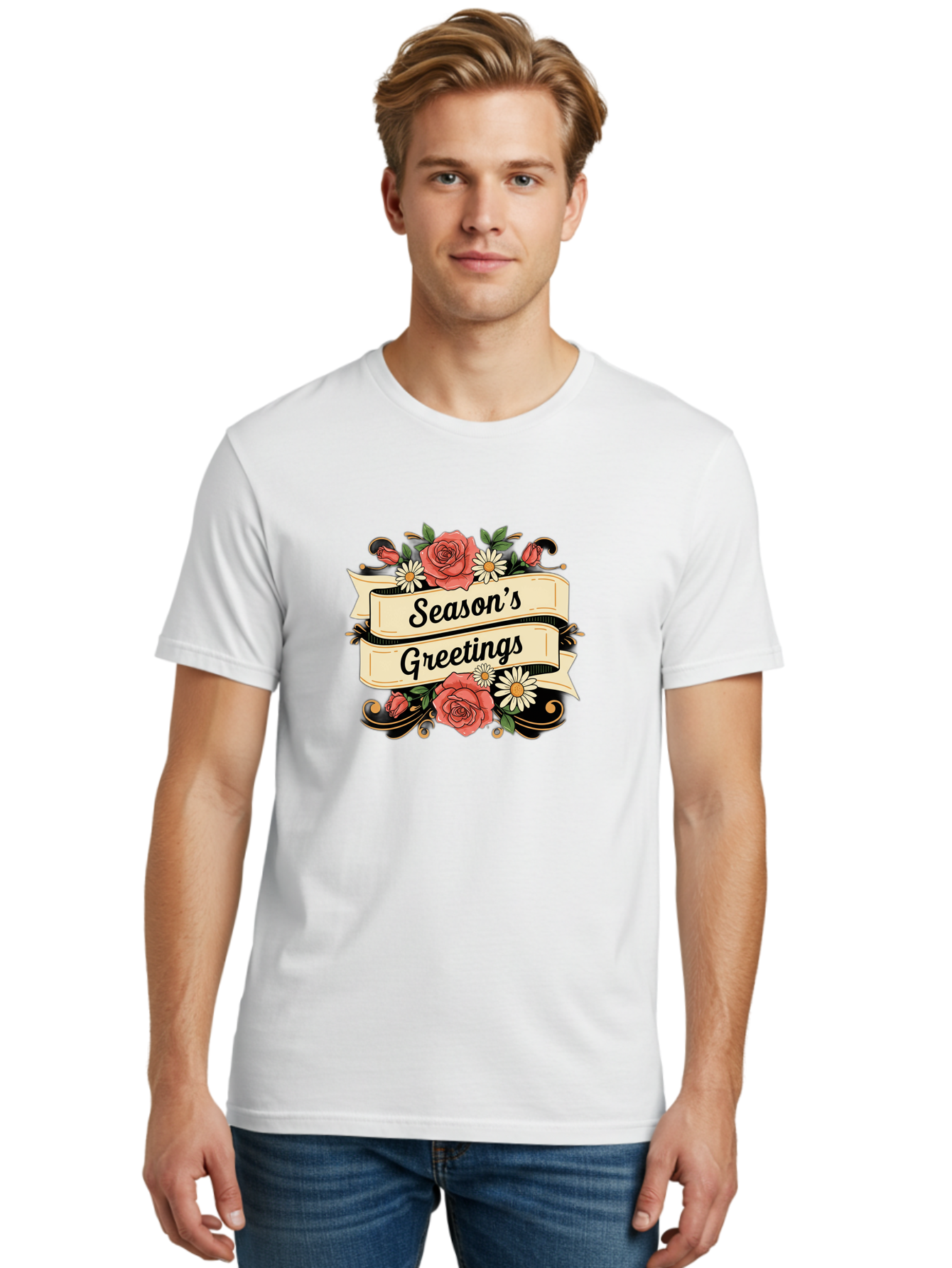 Season-S-Greetings Men'S Graphic Tee, 100% Cotton, Comfortable Casual Summer Wear, Machine Washable, Vintage Floral Design, Roses And Daisies, Festive Holiday Greeting, Elegant Black Script, Classic Christmas Theme, Warm Winter Wishes, Bab388 8