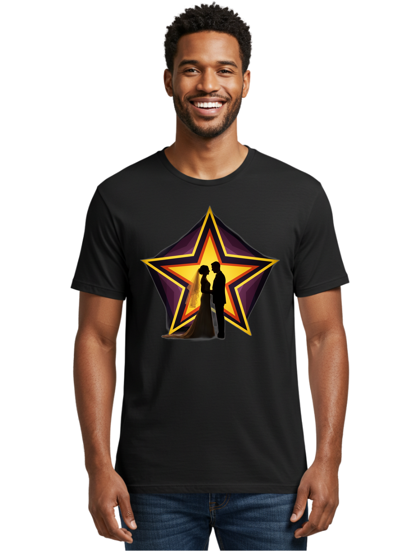 Silhouette-Couple-Star Men'S Graphic Tee, 100% Cotton, Comfortable Casual Summer Wear, Machine Washable, Newlywed Couple, Silhouetted Figures, Wedding Vows, Star Symbol, Love And Unity, Romantic Moment, Couple'S Love, Wedding Inspiration, Bab394 4