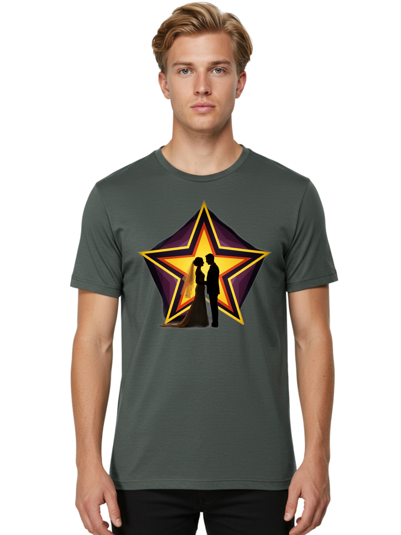 Silhouette-Couple-Star Men'S Graphic Tee, 100% Cotton, Comfortable Casual Summer Wear, Machine Washable, Newlywed Couple, Silhouetted Figures, Wedding Vows, Star Symbol, Love And Unity, Romantic Moment, Couple'S Love, Wedding Inspiration, Bab394 10