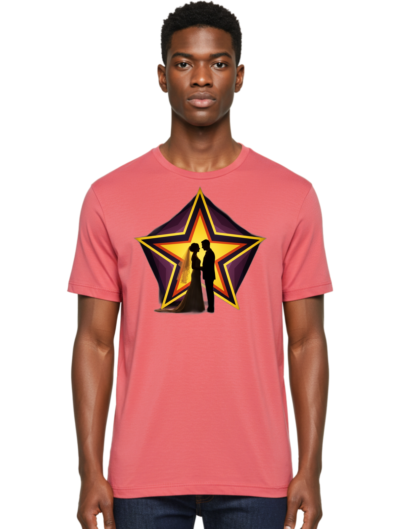 Silhouette-Couple-Star Men'S Graphic Tee, 100% Cotton, Comfortable Casual Summer Wear, Machine Washable, Newlywed Couple, Silhouetted Figures, Wedding Vows, Star Symbol, Love And Unity, Romantic Moment, Couple'S Love, Wedding Inspiration, Bab394 2