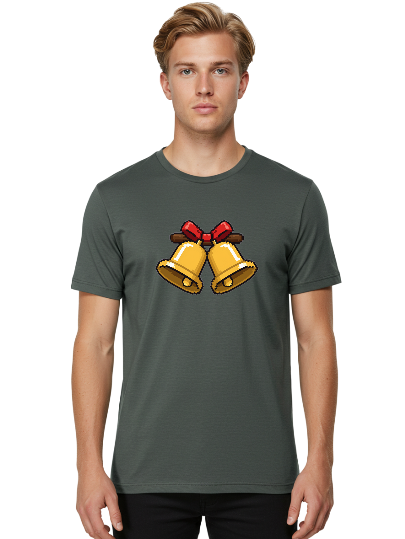 Sleigh-Bells Men'S Graphic Tee, 100% Cotton, Comfortable Casual Summer Wear, Machine Washable, Gold Bells, Christmas Decorations, Festive Decor, Holiday Cheer, Jingling Bells, Red Bow, Christmas Symbolism, Winter Wonderland, Seasonal Greetings Bab399 14