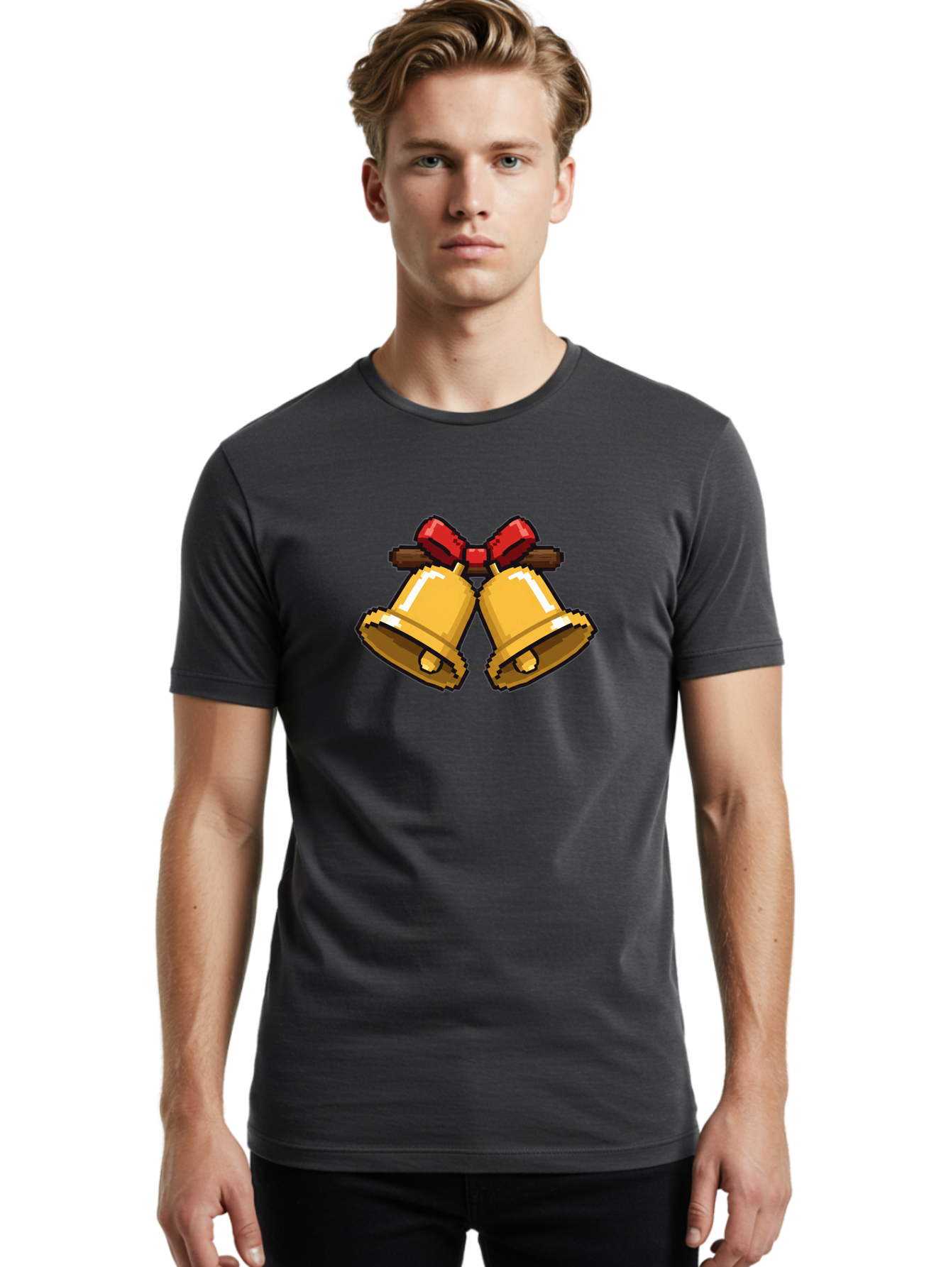 Sleigh-Bells Men'S Graphic Tee, 100% Cotton, Comfortable Casual Summer Wear, Machine Washable, Gold Bells, Christmas Decorations, Festive Decor, Holiday Cheer, Jingling Bells, Red Bow, Christmas Symbolism, Winter Wonderland, Seasonal Greetings Bab399 20