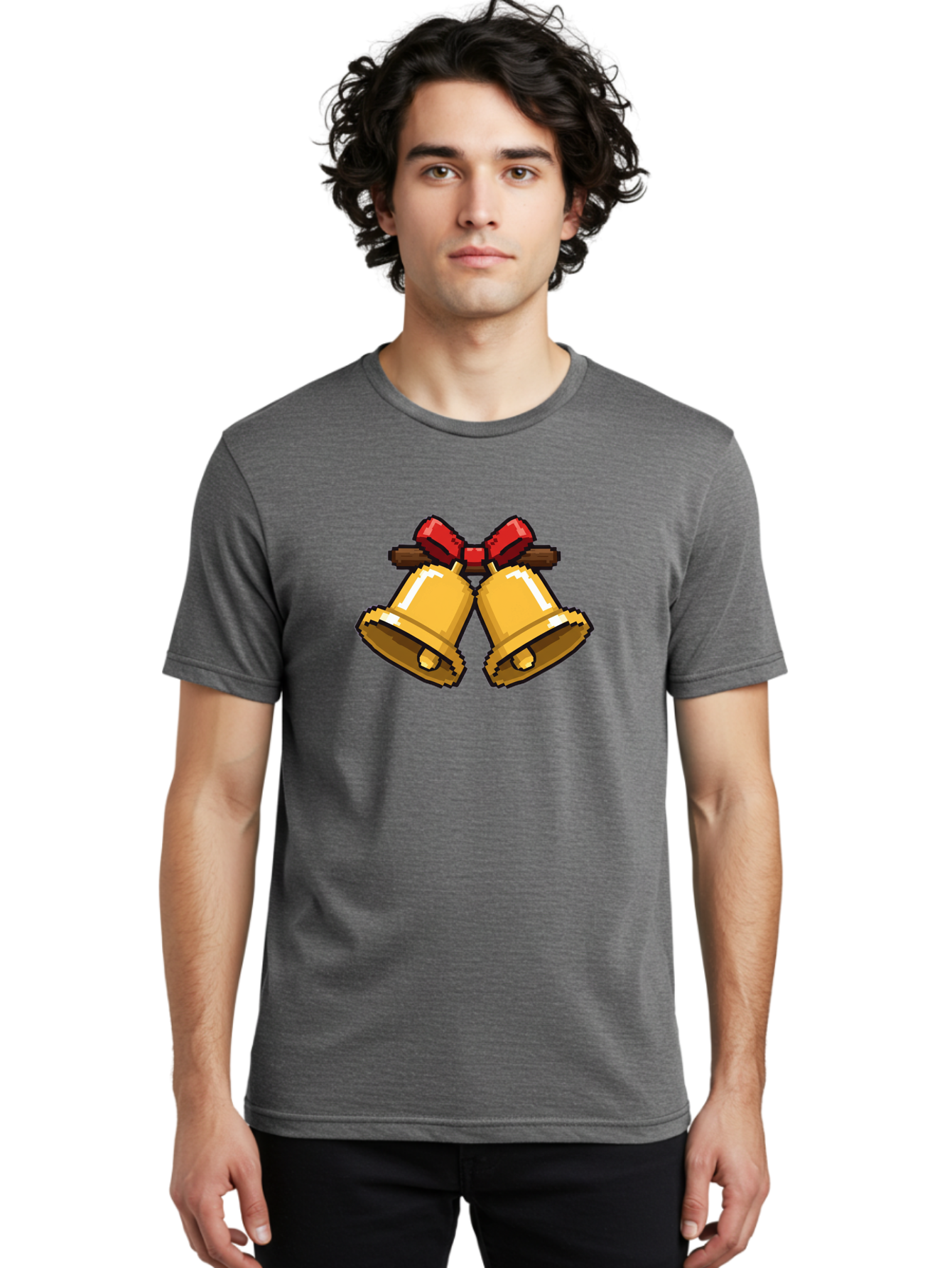 Sleigh-Bells Men'S Graphic Tee, 100% Cotton, Comfortable Casual Summer Wear, Machine Washable, Gold Bells, Christmas Decorations, Festive Decor, Holiday Cheer, Jingling Bells, Red Bow, Christmas Symbolism, Winter Wonderland, Seasonal Greetings Bab399 8