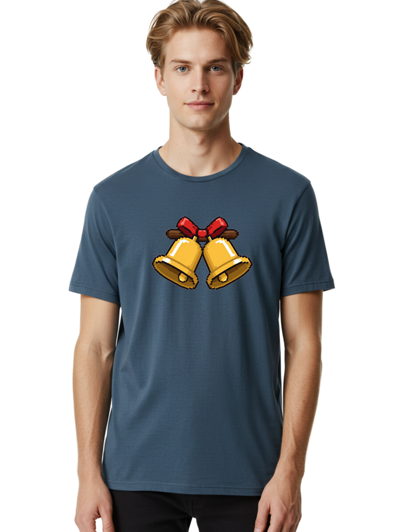 Sleigh-Bells Men'S Graphic Tee, 100% Cotton, Comfortable Casual Summer Wear, Machine Washable, Gold Bells, Christmas Decorations, Festive Decor, Holiday Cheer, Jingling Bells, Red Bow, Christmas Symbolism, Winter Wonderland, Seasonal Greetings Bab399 12
