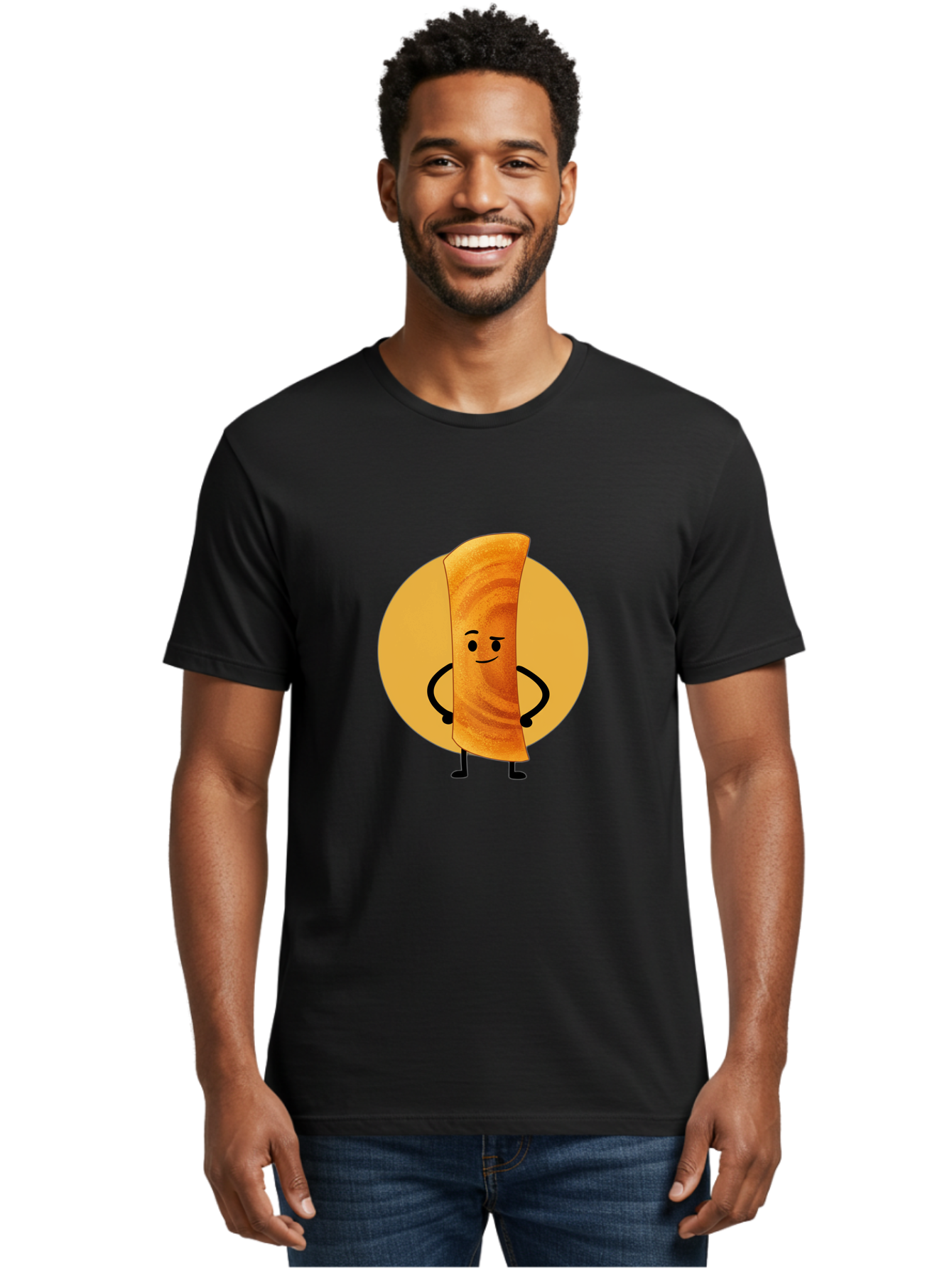 Smiling-Crepe Men'S Graphic Tee, 100% Cotton, Comfortable Casual Summer Wear, Machine Washable, Egg Roll Character, Cartoon Food, Smiling Face, Confident Pose, Black Legs, Yellow Circle, Cute Animation, Kawaii Design, Funny Illustration, Bab410 16