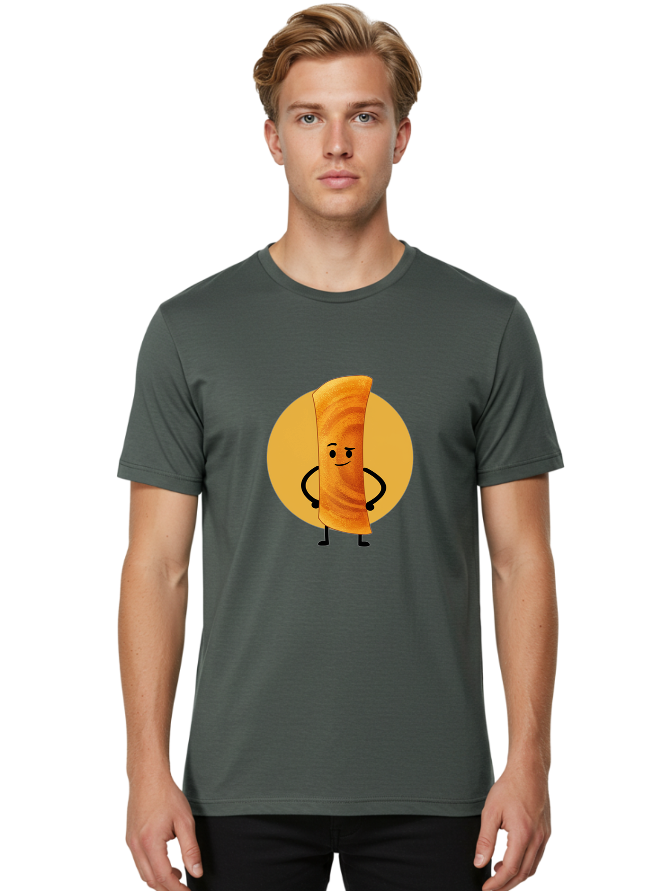 Smiling-Crepe Men'S Graphic Tee, 100% Cotton, Comfortable Casual Summer Wear, Machine Washable, Egg Roll Character, Cartoon Food, Smiling Face, Confident Pose, Black Legs, Yellow Circle, Cute Animation, Kawaii Design, Funny Illustration, Bab410 14