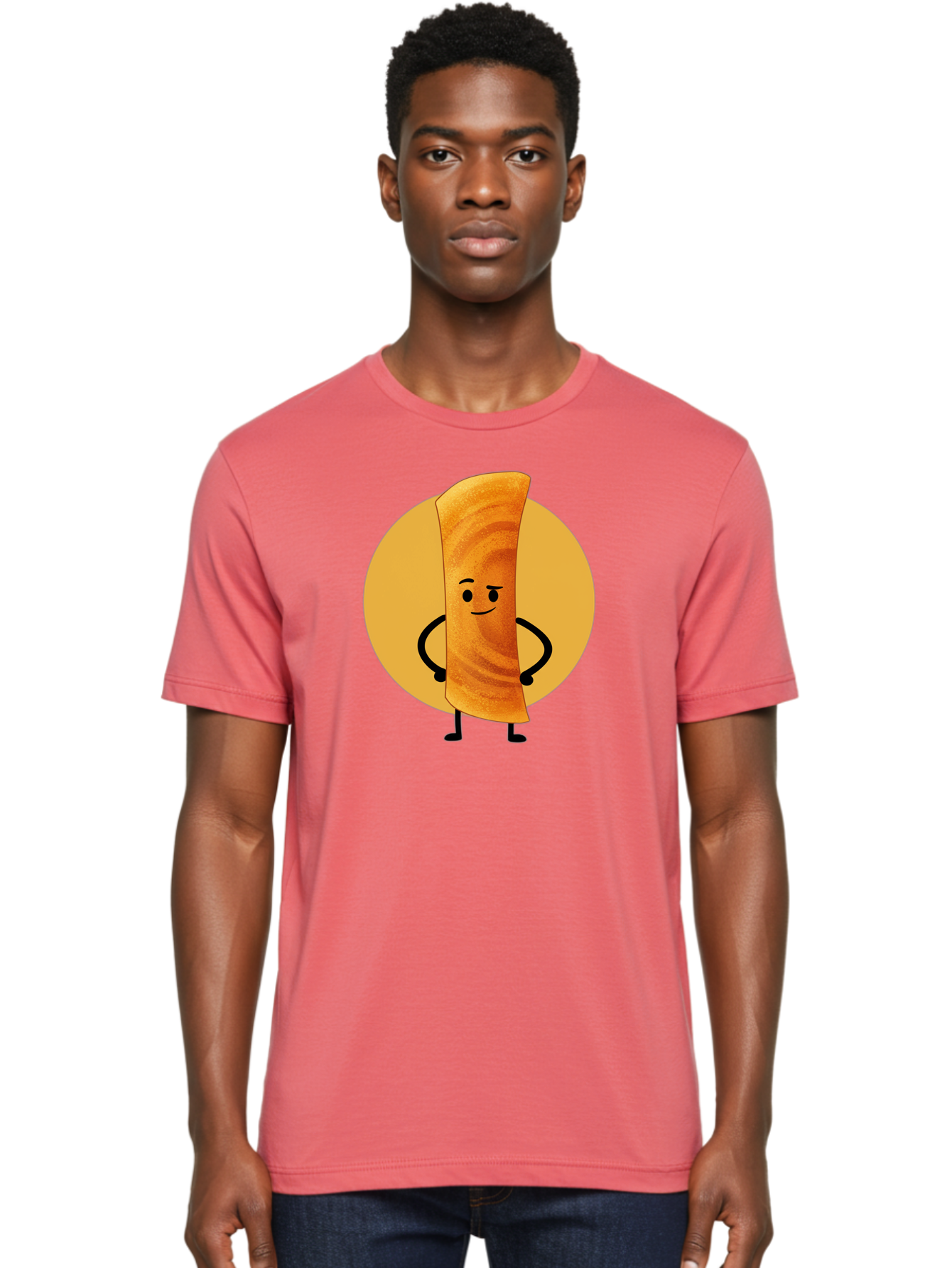 Smiling-Crepe Men'S Graphic Tee, 100% Cotton, Comfortable Casual Summer Wear, Machine Washable, Egg Roll Character, Cartoon Food, Smiling Face, Confident Pose, Black Legs, Yellow Circle, Cute Animation, Kawaii Design, Funny Illustration, Bab410 6