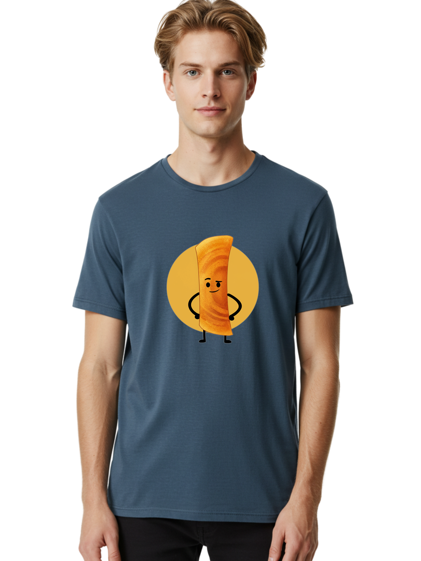 Smiling-Crepe Men'S Graphic Tee, 100% Cotton, Comfortable Casual Summer Wear, Machine Washable, Egg Roll Character, Cartoon Food, Smiling Face, Confident Pose, Black Legs, Yellow Circle, Cute Animation, Kawaii Design, Funny Illustration, Bab410 26