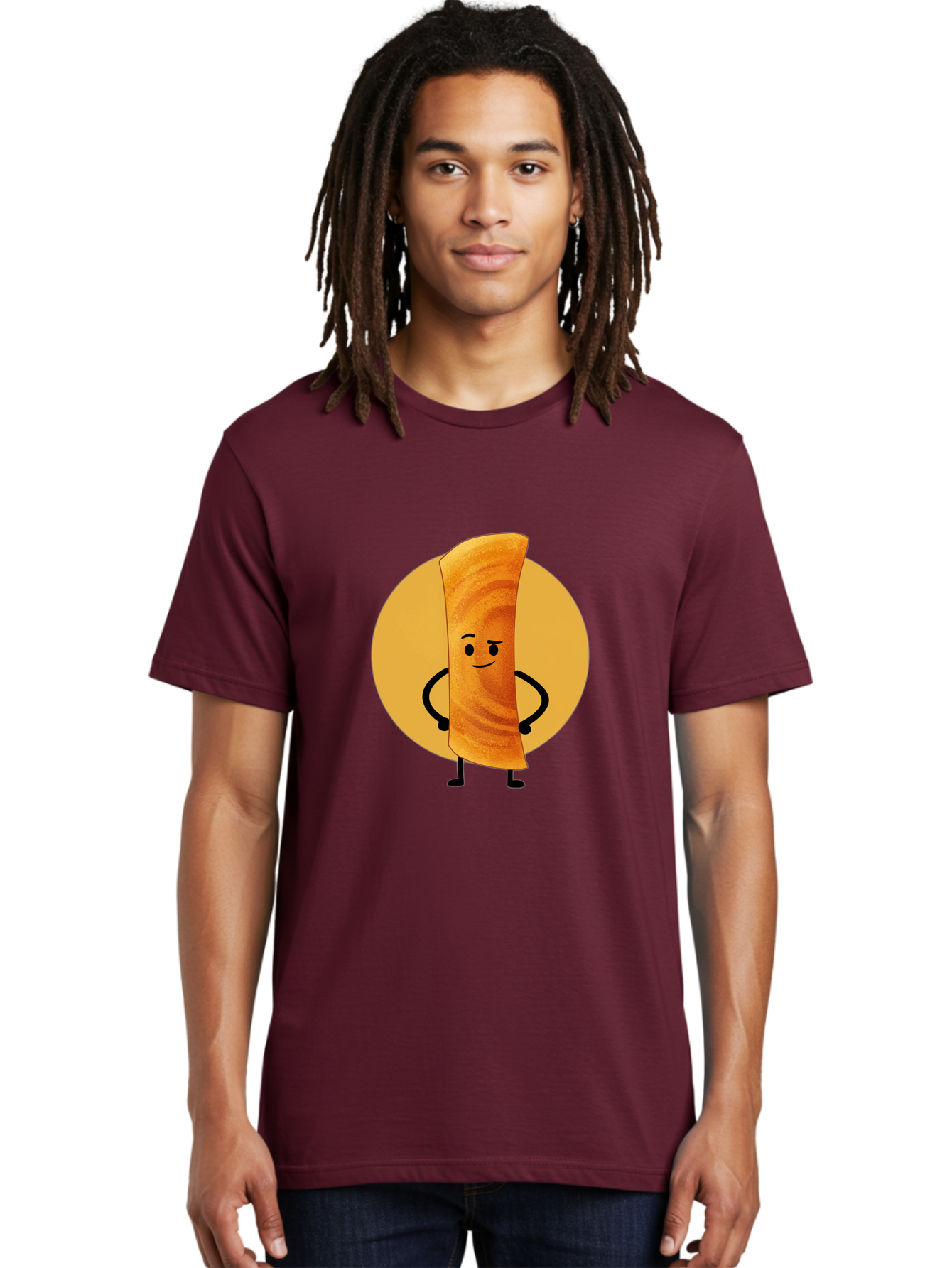 Smiling-Crepe Men'S Graphic Tee, 100% Cotton, Comfortable Casual Summer Wear, Machine Washable, Egg Roll Character, Cartoon Food, Smiling Face, Confident Pose, Black Legs, Yellow Circle, Cute Animation, Kawaii Design, Funny Illustration, Bab410 4