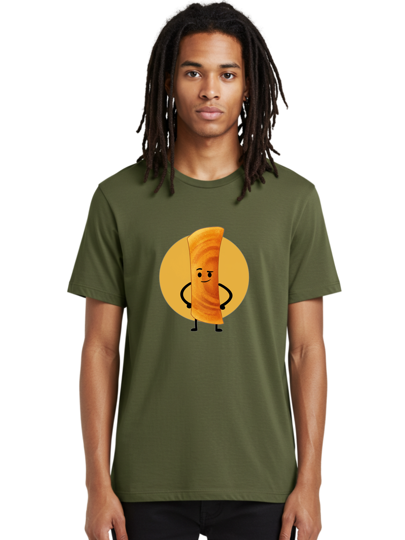 Smiling-Crepe Men'S Graphic Tee, 100% Cotton, Comfortable Casual Summer Wear, Machine Washable, Egg Roll Character, Cartoon Food, Smiling Face, Confident Pose, Black Legs, Yellow Circle, Cute Animation, Kawaii Design, Funny Illustration, Bab410 28
