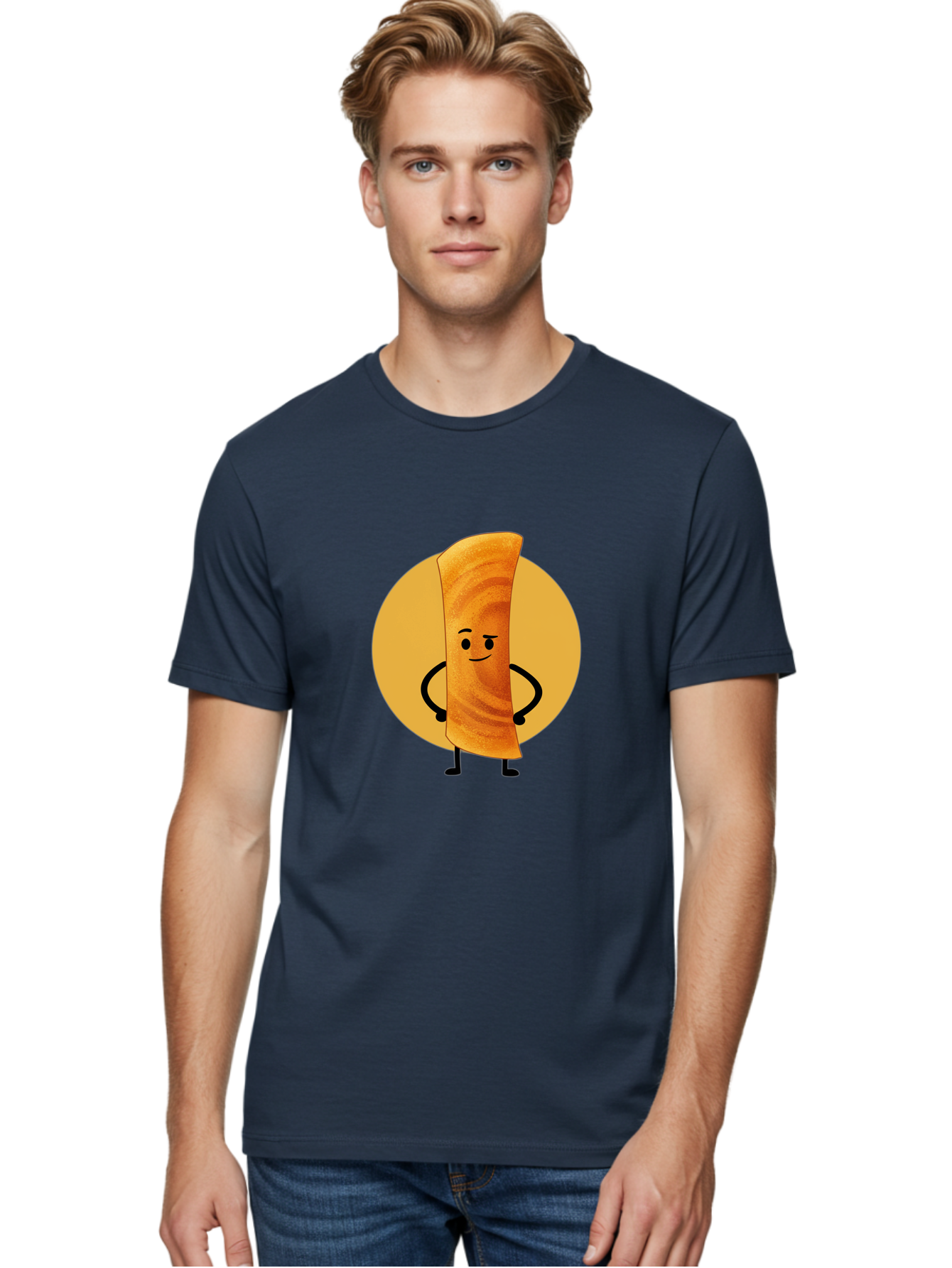 Smiling-Crepe Men'S Graphic Tee, 100% Cotton, Comfortable Casual Summer Wear, Machine Washable, Egg Roll Character, Cartoon Food, Smiling Face, Confident Pose, Black Legs, Yellow Circle, Cute Animation, Kawaii Design, Funny Illustration, Bab410 12
