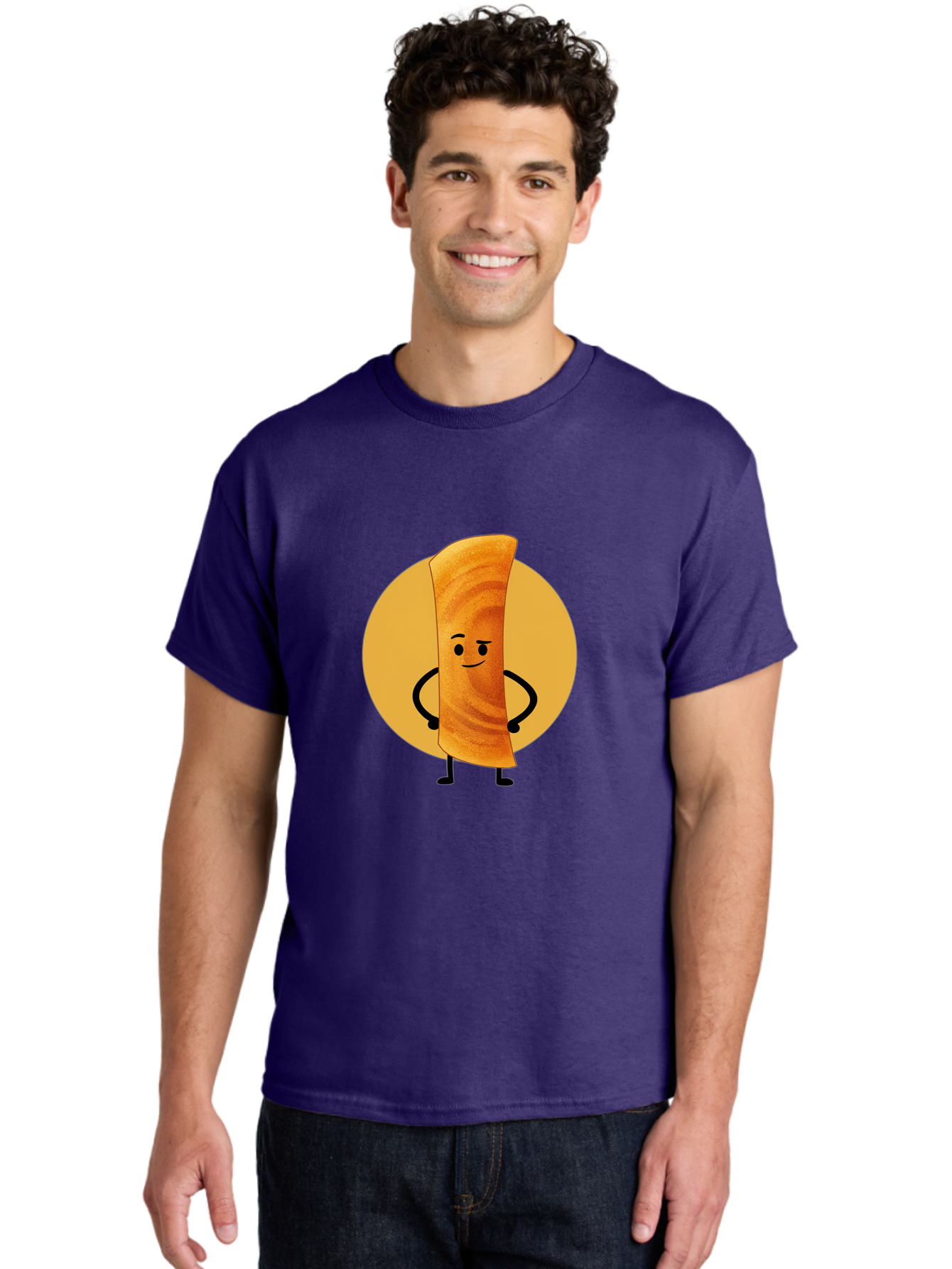 Smiling-Crepe Men'S Graphic Tee, 100% Cotton, Comfortable Casual Summer Wear, Machine Washable, Egg Roll Character, Cartoon Food, Smiling Face, Confident Pose, Black Legs, Yellow Circle, Cute Animation, Kawaii Design, Funny Illustration, Bab410 30