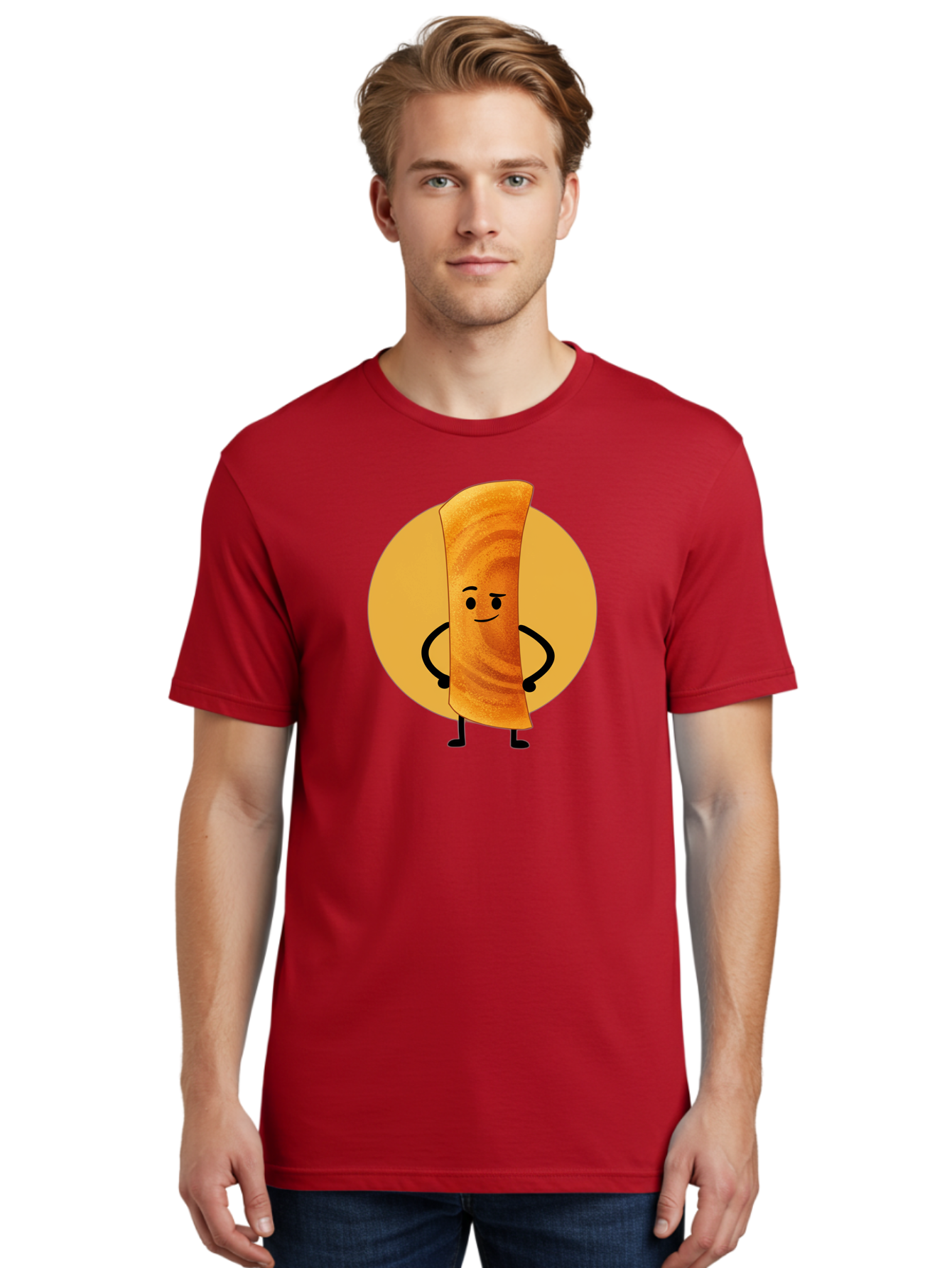 Smiling-Crepe Men'S Graphic Tee, 100% Cotton, Comfortable Casual Summer Wear, Machine Washable, Egg Roll Character, Cartoon Food, Smiling Face, Confident Pose, Black Legs, Yellow Circle, Cute Animation, Kawaii Design, Funny Illustration, Bab410 20
