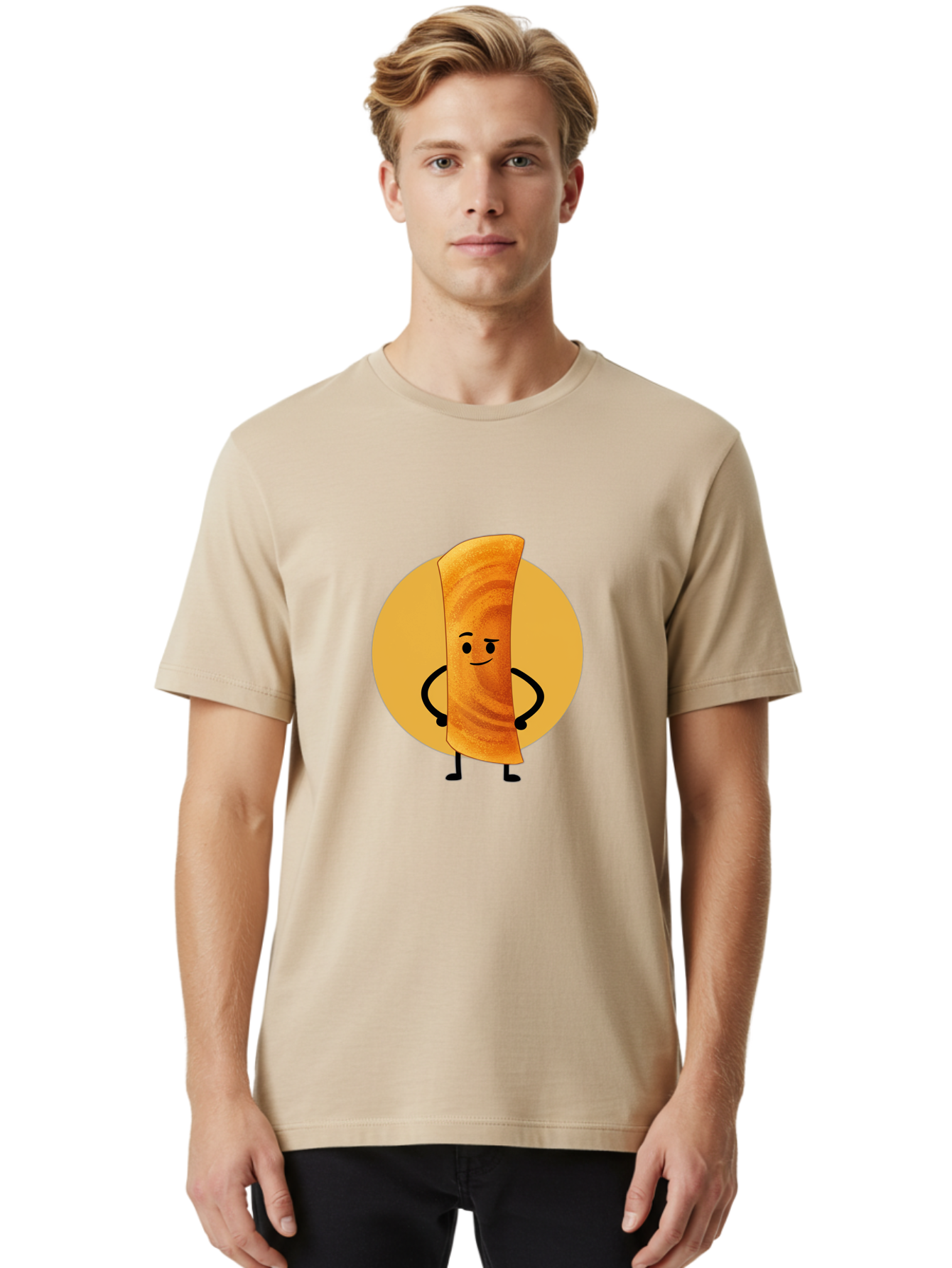 Smiling-Crepe Men'S Graphic Tee, 100% Cotton, Comfortable Casual Summer Wear, Machine Washable, Egg Roll Character, Cartoon Food, Smiling Face, Confident Pose, Black Legs, Yellow Circle, Cute Animation, Kawaii Design, Funny Illustration, Bab410 2