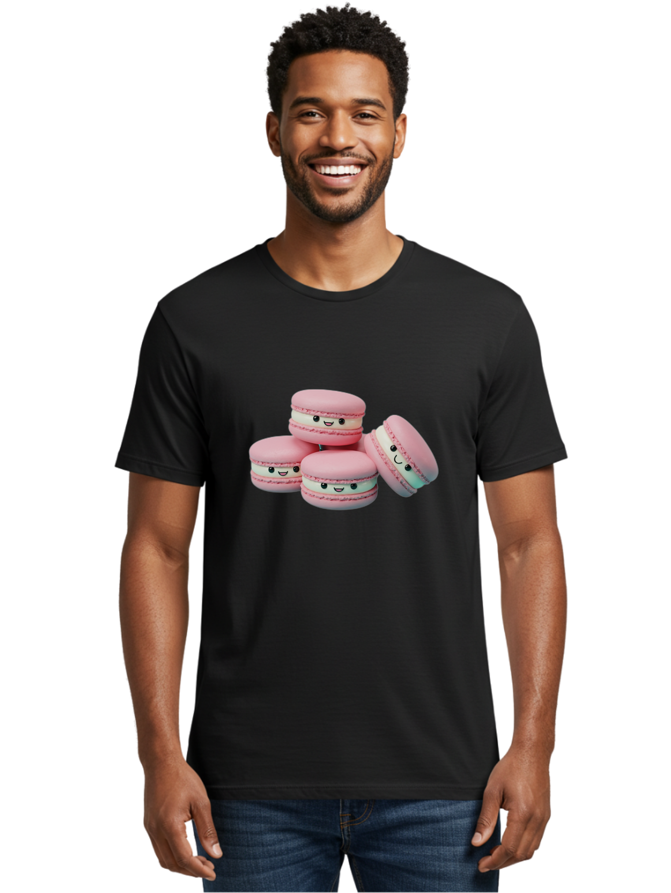 Squishy-Macarons Men'S Graphic Tee, 100% Cotton, Comfortable Casual Summer Wear, Machine Washable, Pink Macarons, Smiling Faces, Cute Desserts, Stack Of Macaroons, Sweet Treats, Adorable Faces, Tasty Macarons, Dessert Lovers, Kawaii Food Bab445 8